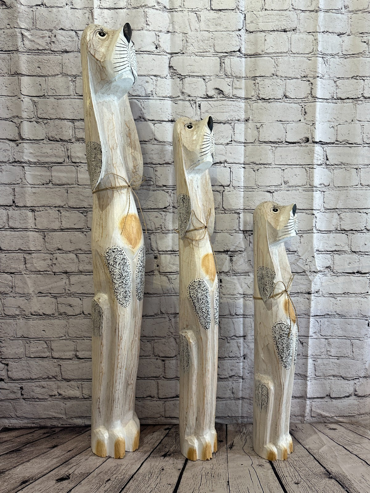 60cm White Flower Wooden Shabby Dog Statue Ornament Fair Trade Handcarved