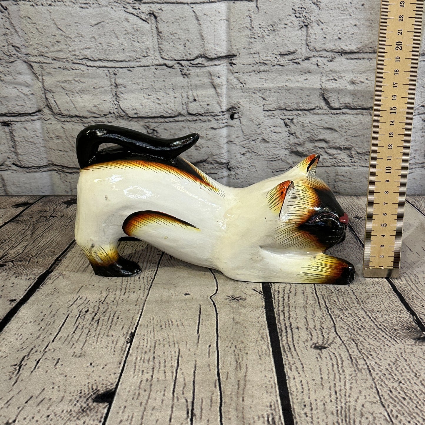 22cm x 14cm Siamese Style Painted Wooden Hand Carved Stretching Cat Wooden