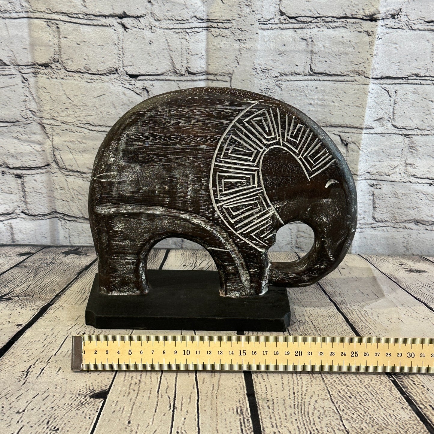 25cm x 25cm Wooden Tribal Primitive Black Elephant Round Stand Sculpture Statue