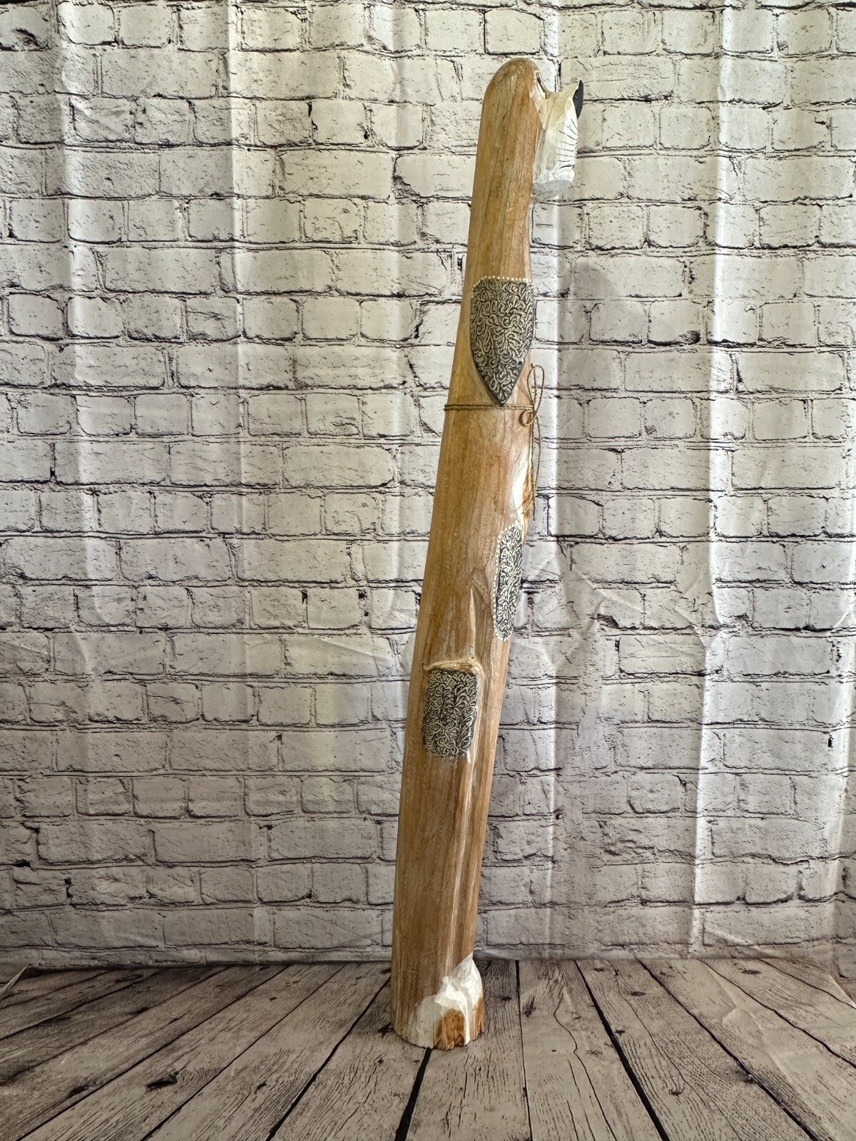 100cm Light Brown Flower Wooden Shabby Dog Statue Ornament Fair Trade Handcarved