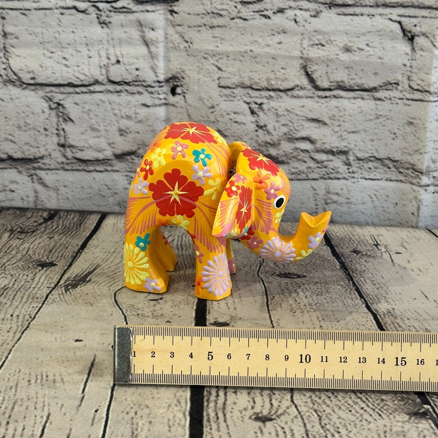 Orange Wooden Elephant With Flower Pattern 10cm x 12cm Handmade and Fairtrade