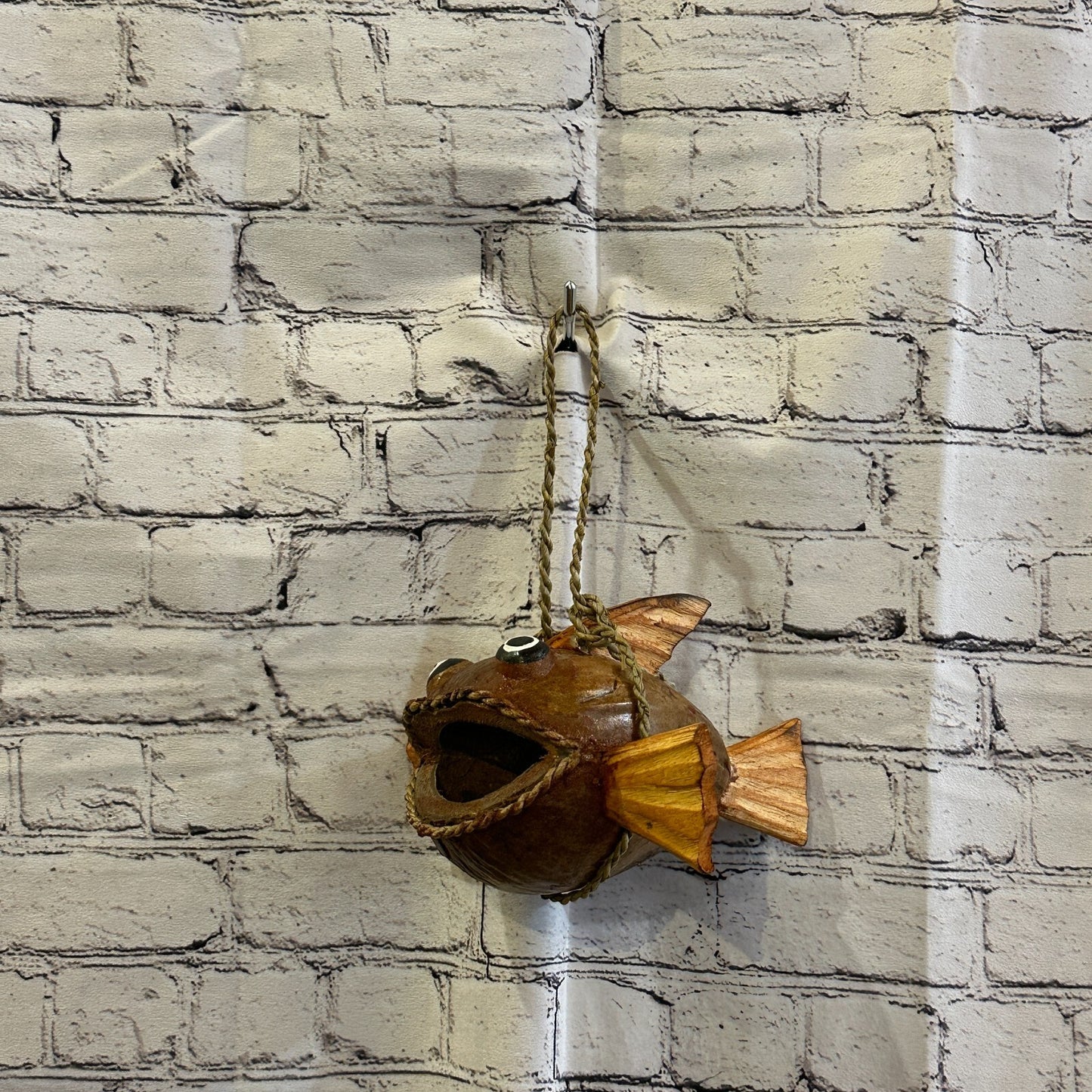 Plain Brown Folk Art Hand Painted Shark Fish Coconut Shell Ornaments Hanging