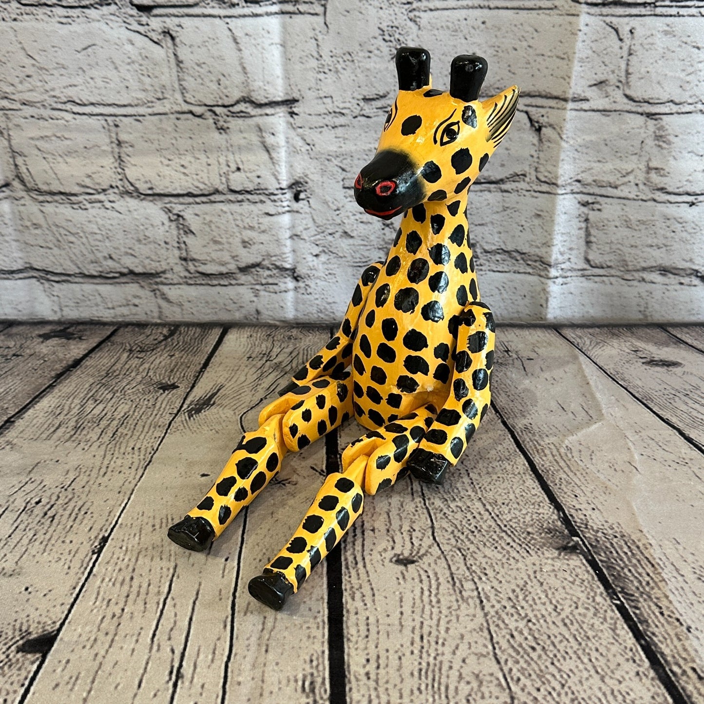 20cm Orange Giraffe Sitting Animal, Wooden Shelf Ornament Handmade & Fairtrade