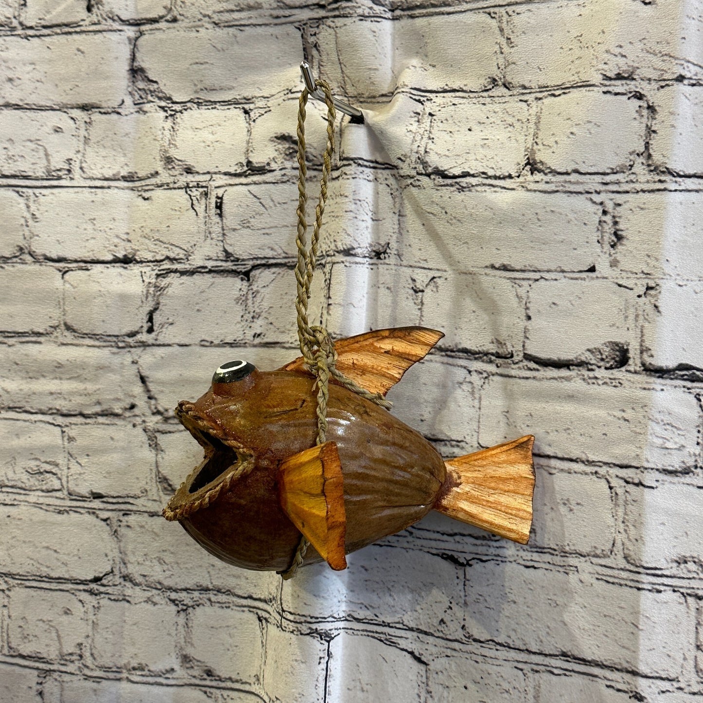 Plain Brown Folk Art Hand Painted Shark Fish Coconut Shell Ornaments Hanging