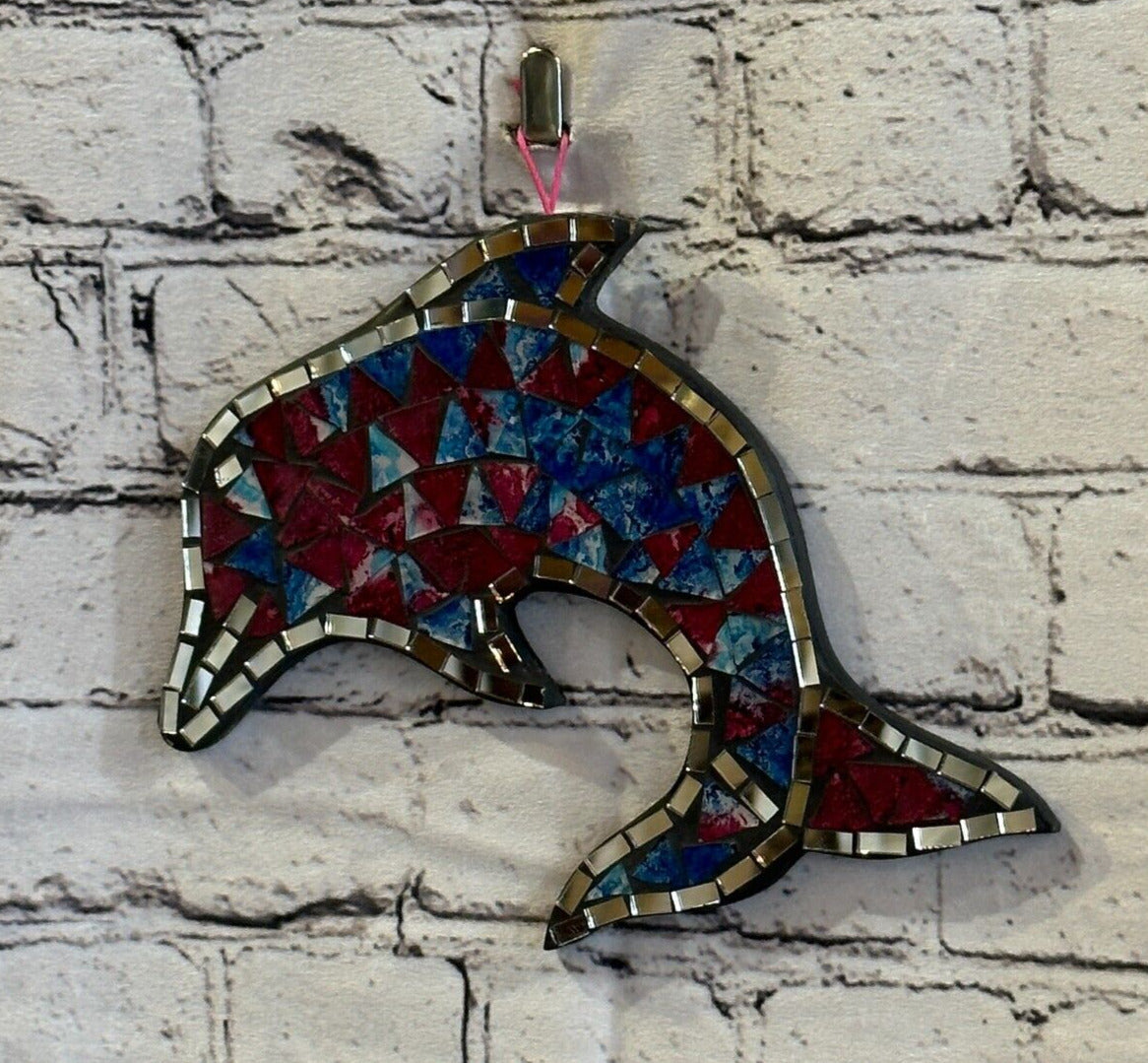 Red Blue Dolphin Fish Mosaic Tile Wall Mirror 20cm x 20cm Handmade New