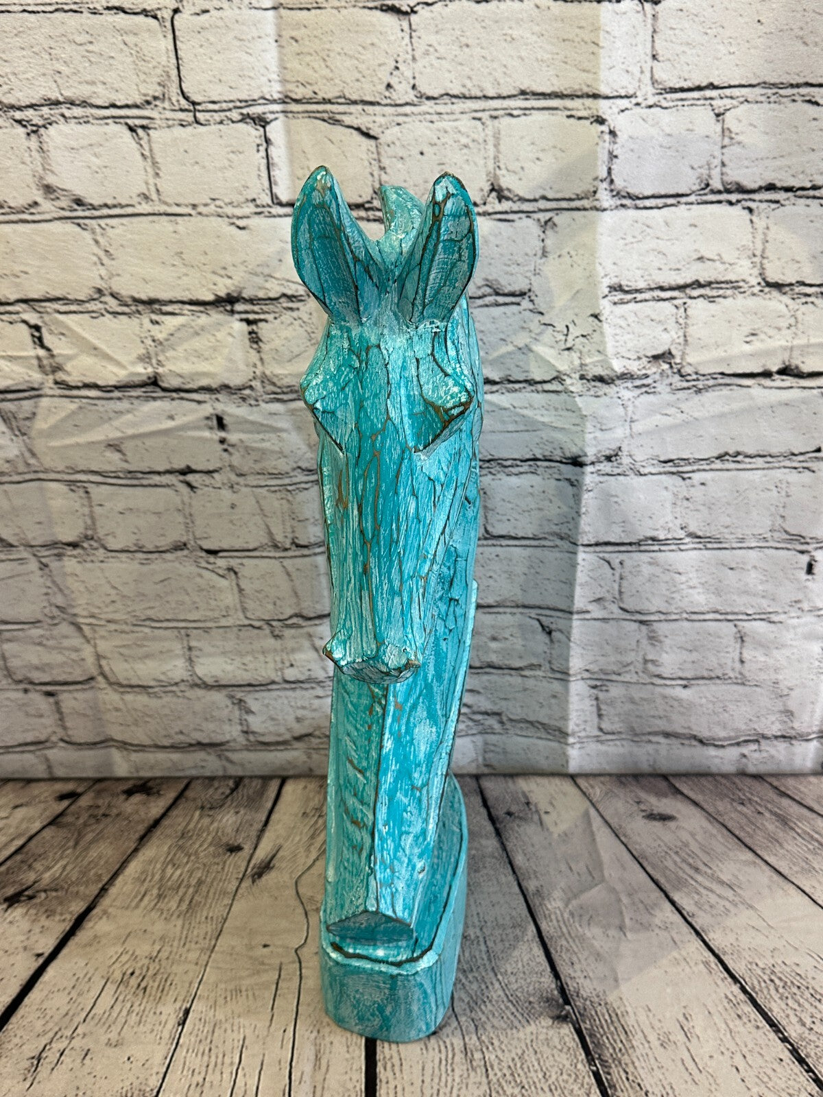 Green Wooden 50cm x 25cm Horse Head Bust Hand Carved Wood Sculpture