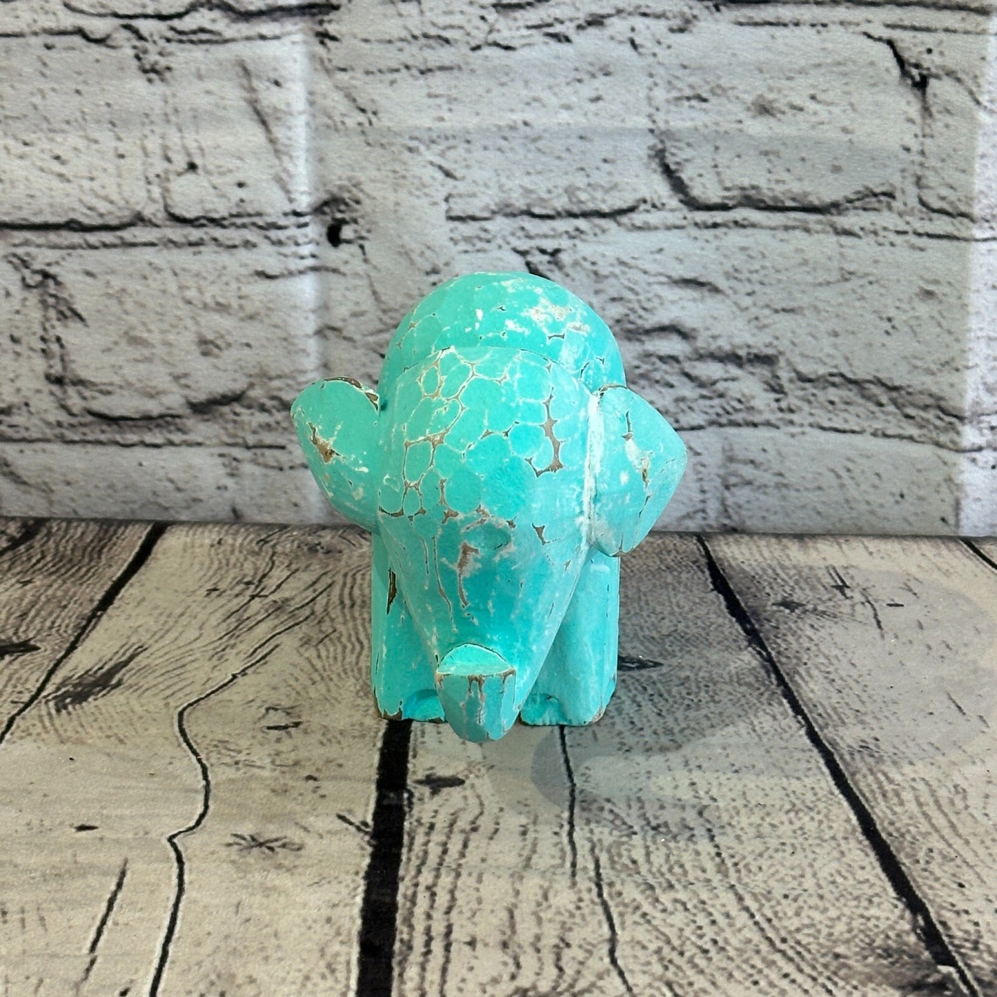 Green Wooden Elephant With Shabby Pattern 10cm x 10cm Handmade and Fairtrade