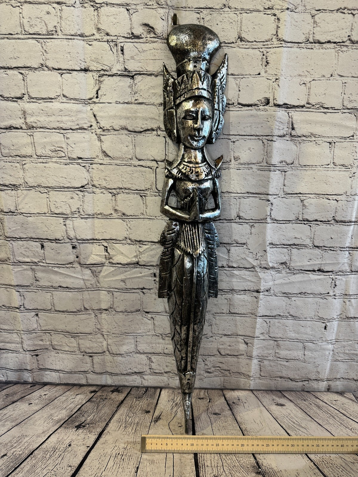 Silver Antique Colour Sita Dewi Bali Rice Goddess Wings Mermaid Wood 80cm Pair