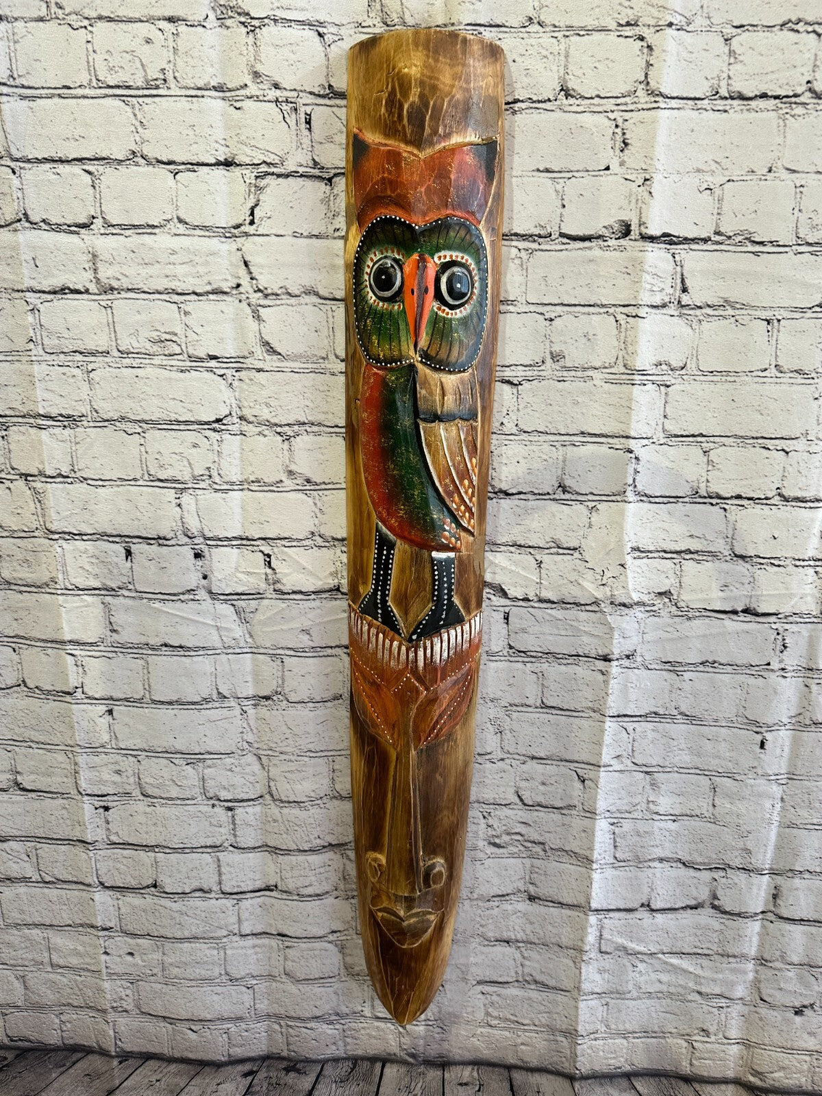 100cm Standing Owl Hand Carved Fair Trade Wooden Animal Wall Art Wall Hang Mask