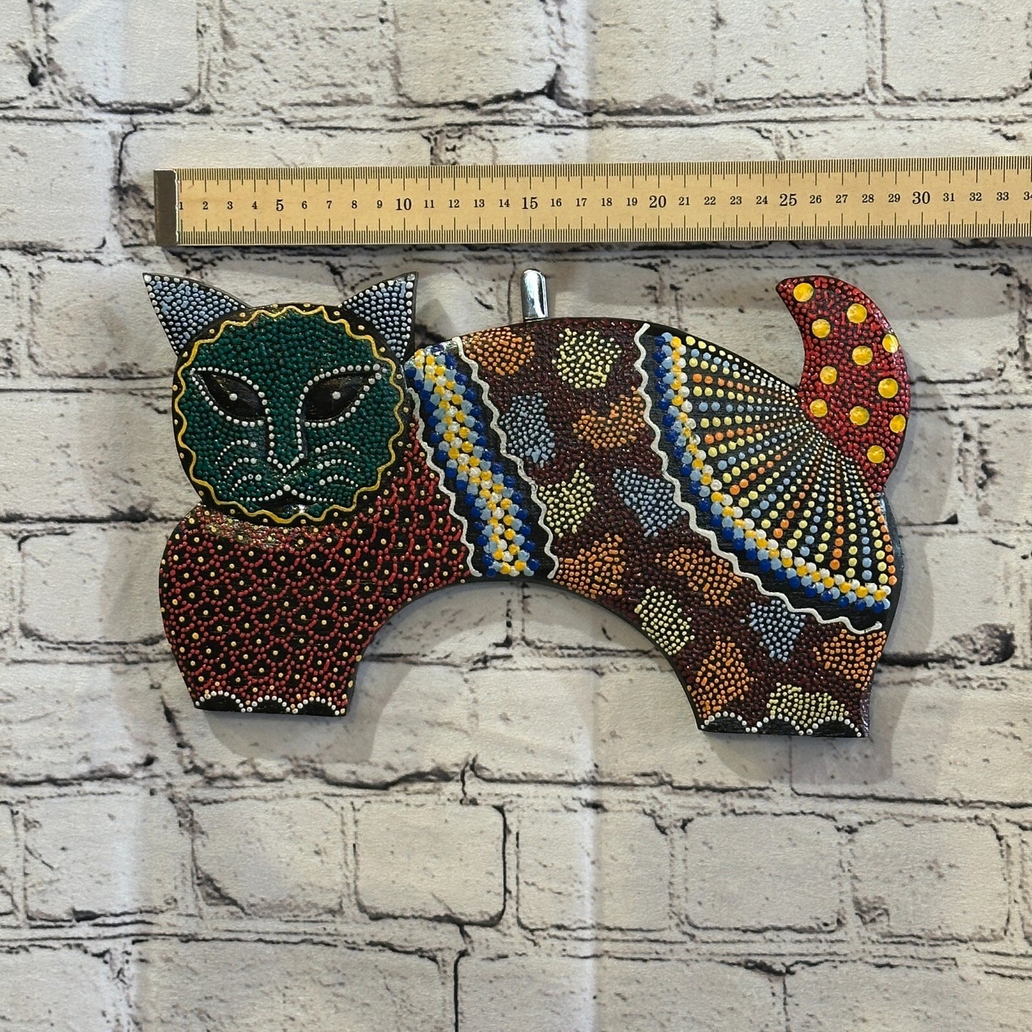 30cm Green Cat Carved Wooden Dot Painted Ethnic Tribal Tiki Wall Art Handmade