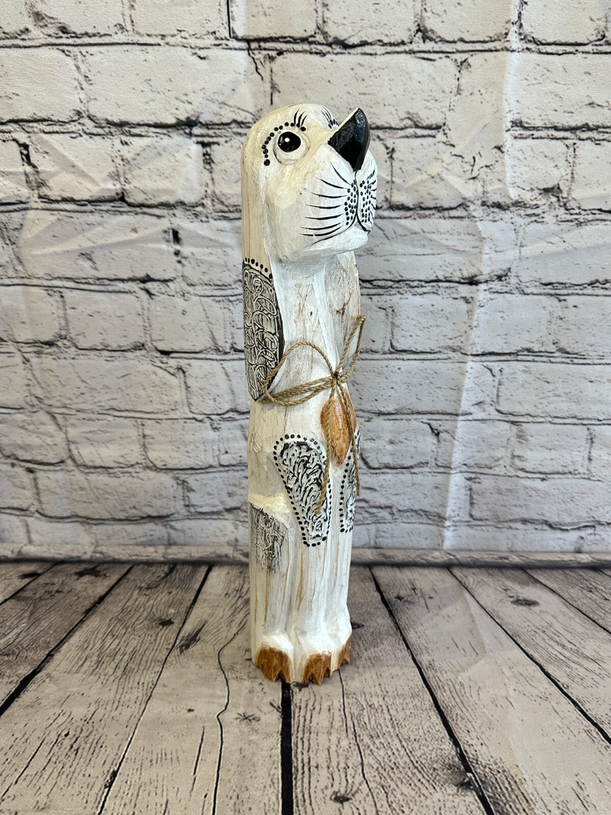 40cm White Flower Wooden Shabby Dog Statue Ornament Fair Trade Handcarved