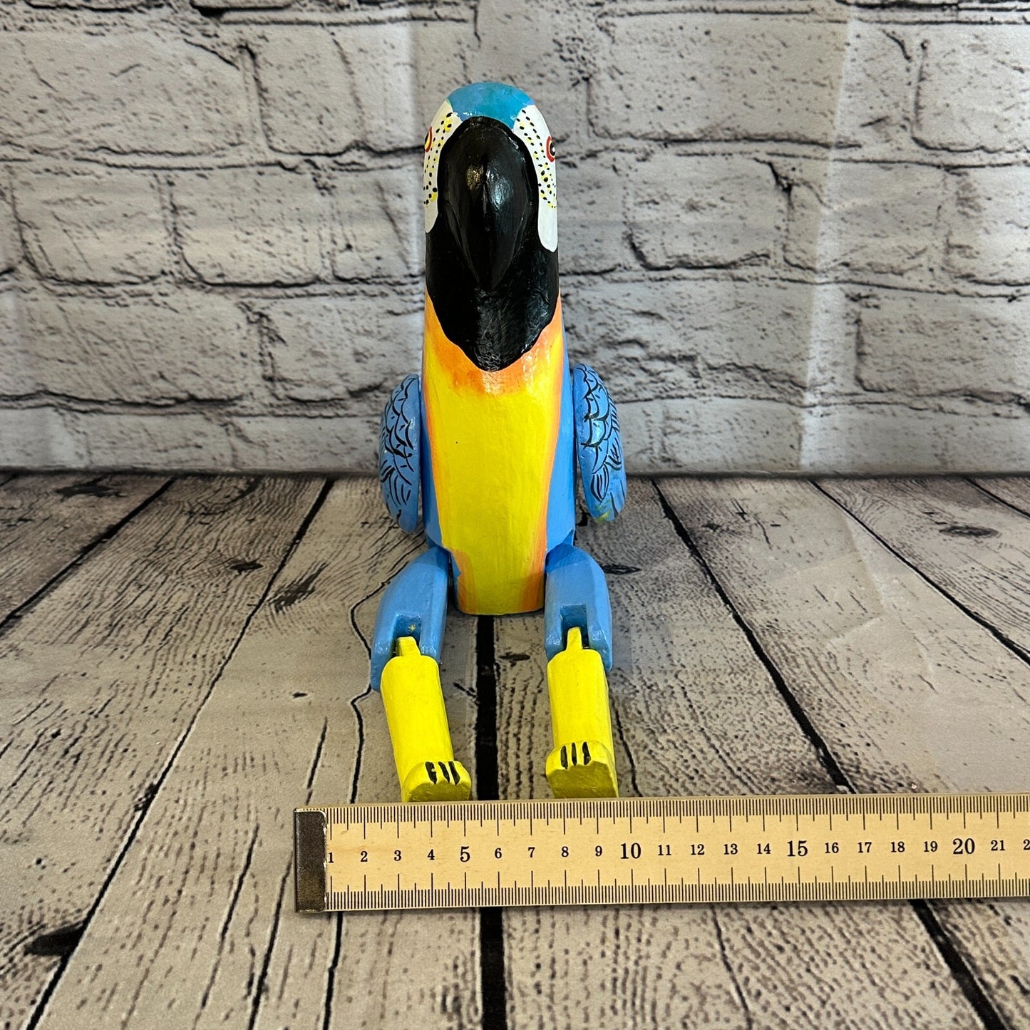 20cm Blue Parrot Sitting Animal, Wooden Shelf Ornament Handmade & Fairtrade