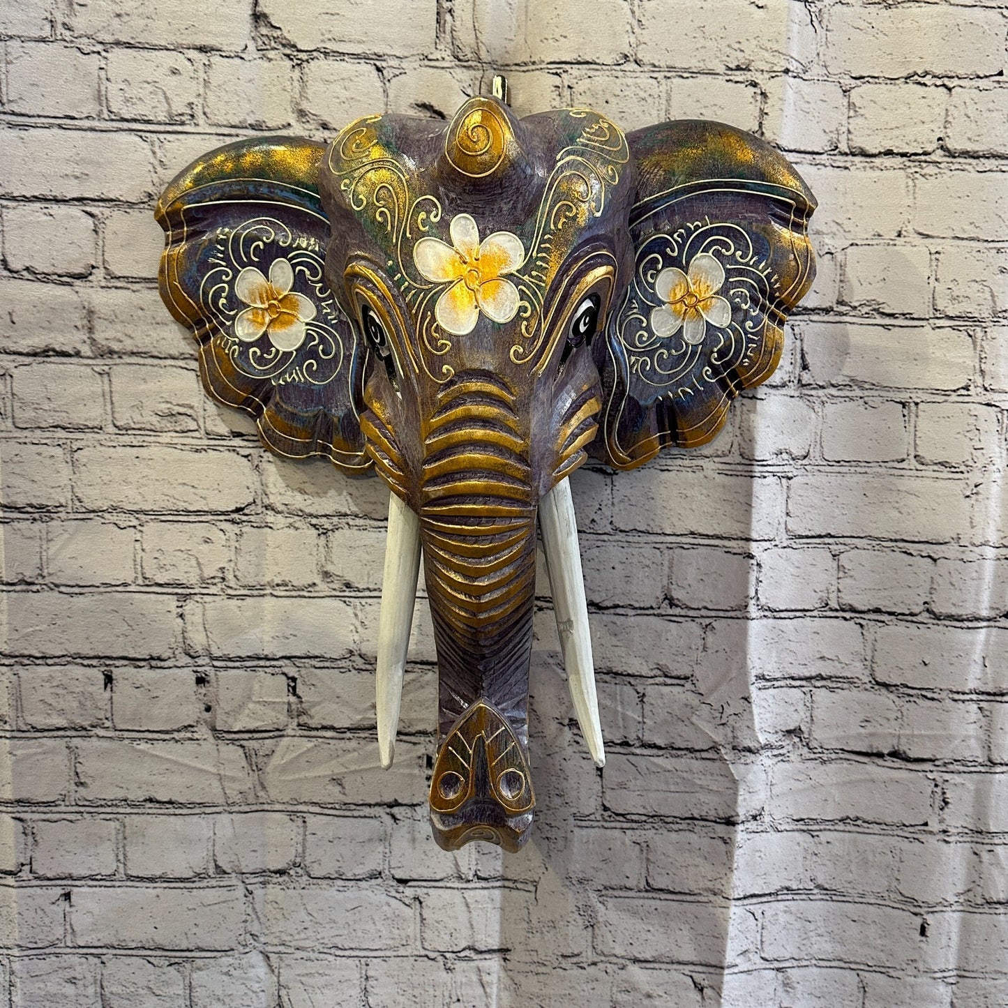 50cm x 45cm Purple Flower Painted Wood Elephant Head Wall Mounted Art Shabby