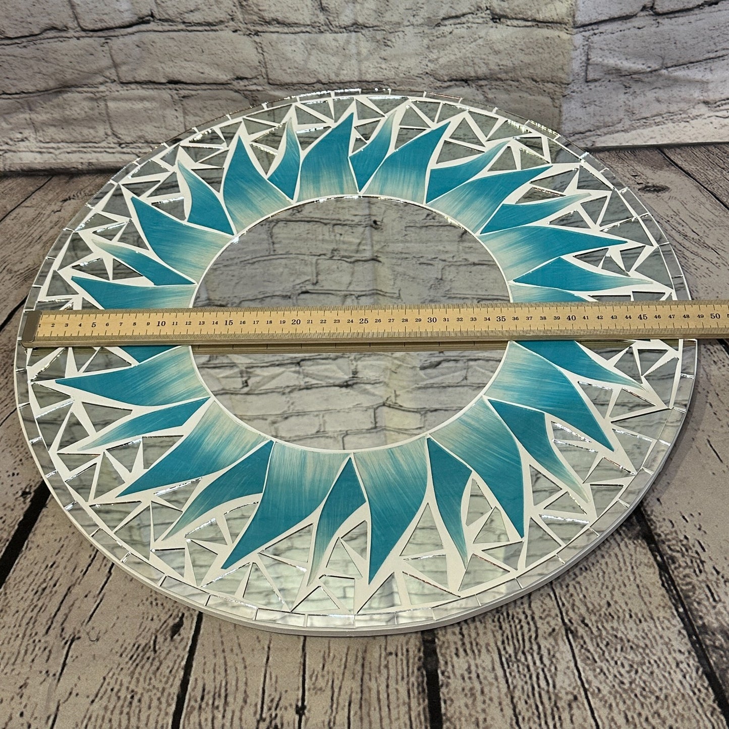 Turquoise Blue Flame Sun Mosaic Tile Wall Mirror 50cm x 50cm 20 Inches Handmade