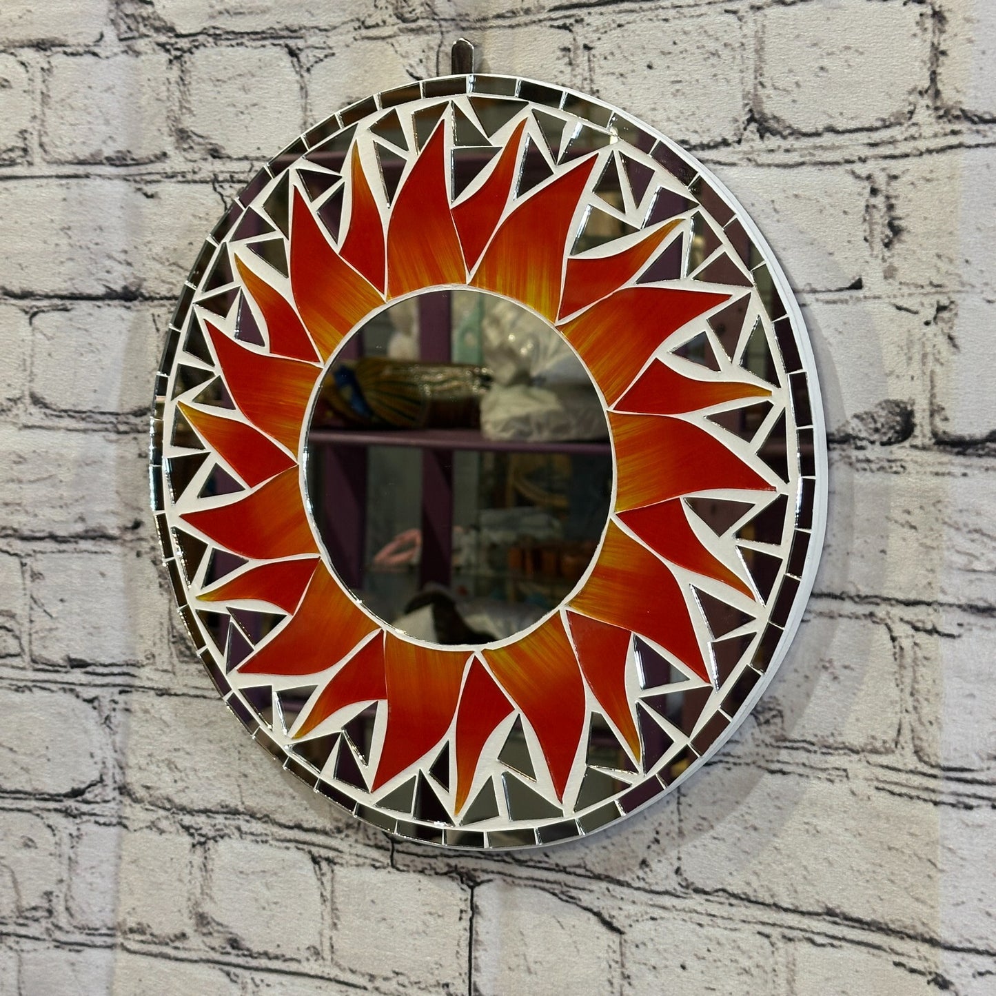 Red Flame Sun Mosaic Tile Wall Mirror 30cm x 30cm 12 Inches Handmade New