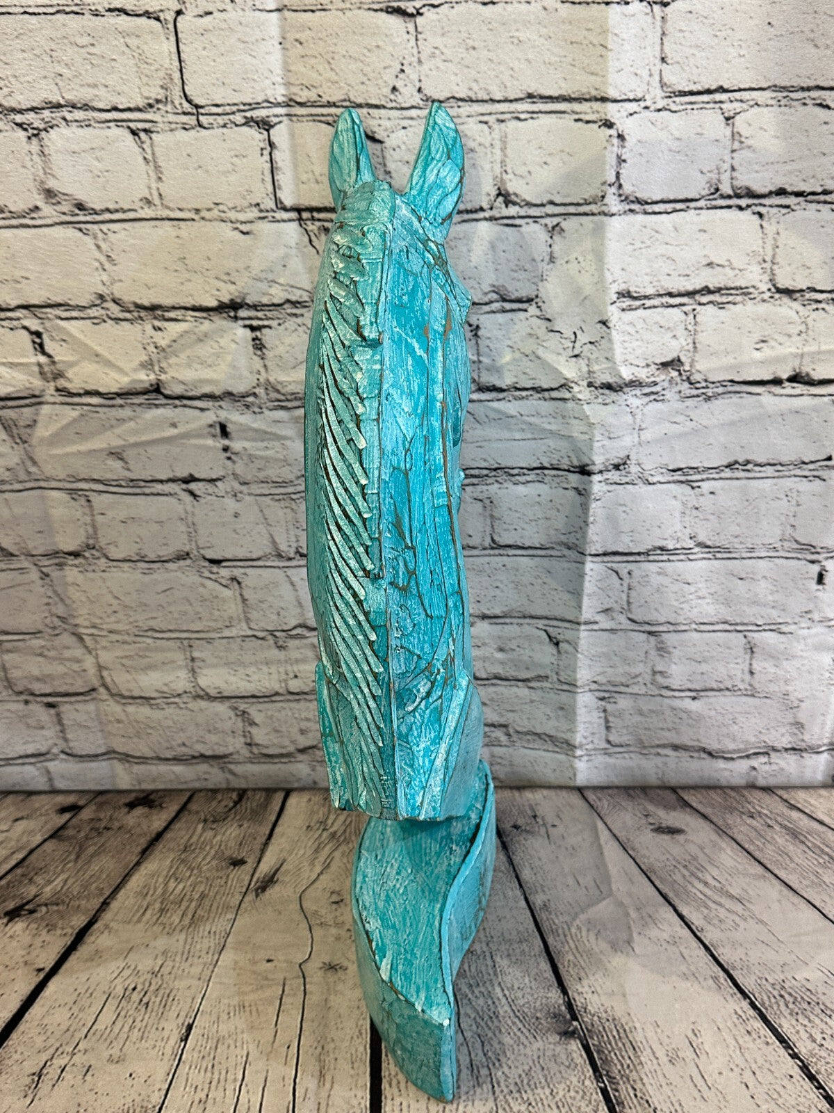 Green Wooden 50cm x 25cm Horse Head Bust Hand Carved Wood Sculpture