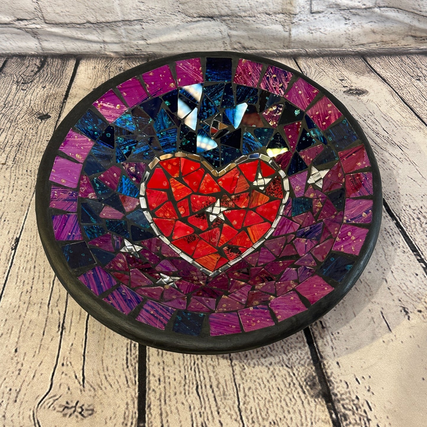 28cm Purple Red Heart Round Mosaic Handmade Ceramic Glass Tile Bowl Fruit