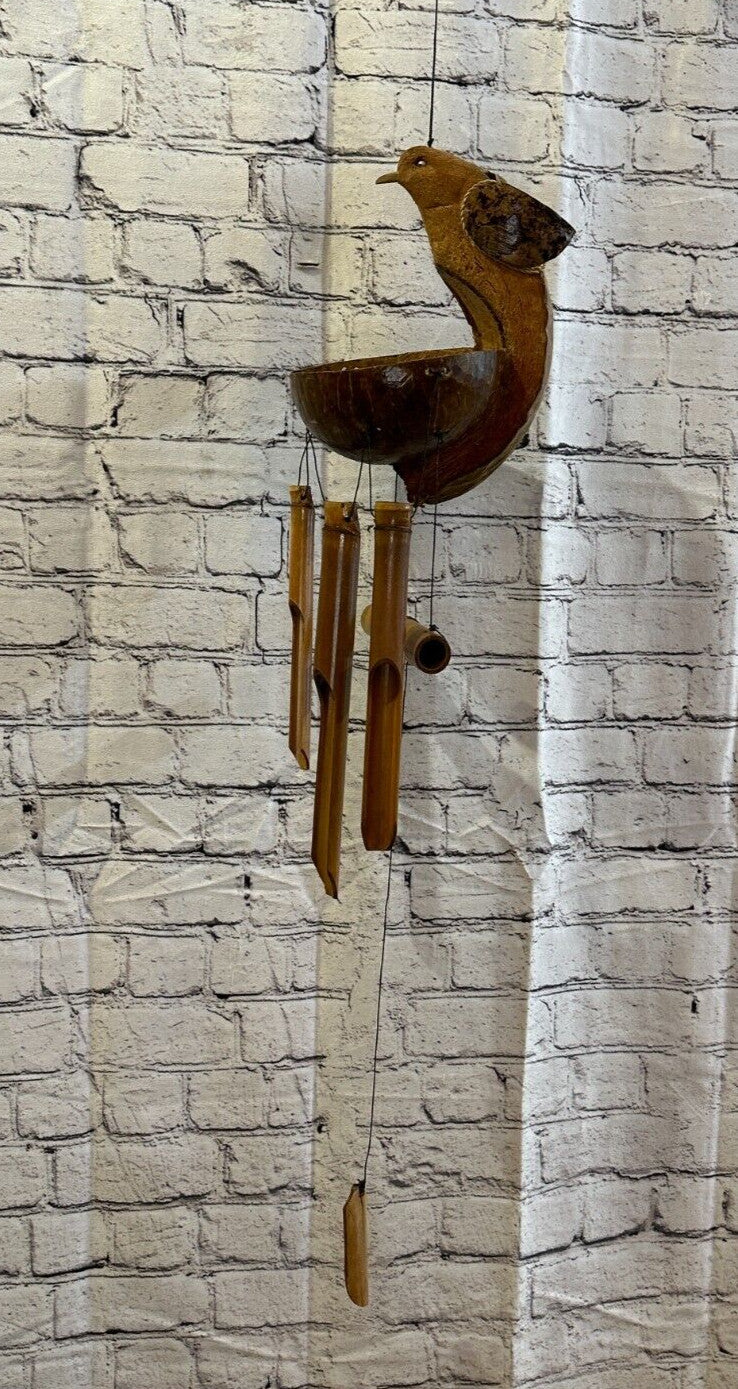 Bird Holder With Chimes Bamboo Windchime 20cm Garden Gift Summer Handmade Chimes