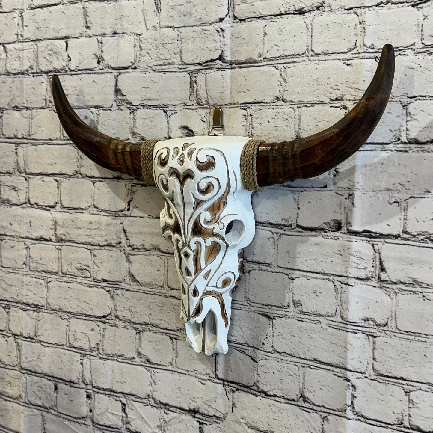 50cm x 40cm White Carved Wood Cow Bison Skull Head Wall Mounted Art Large Shabby