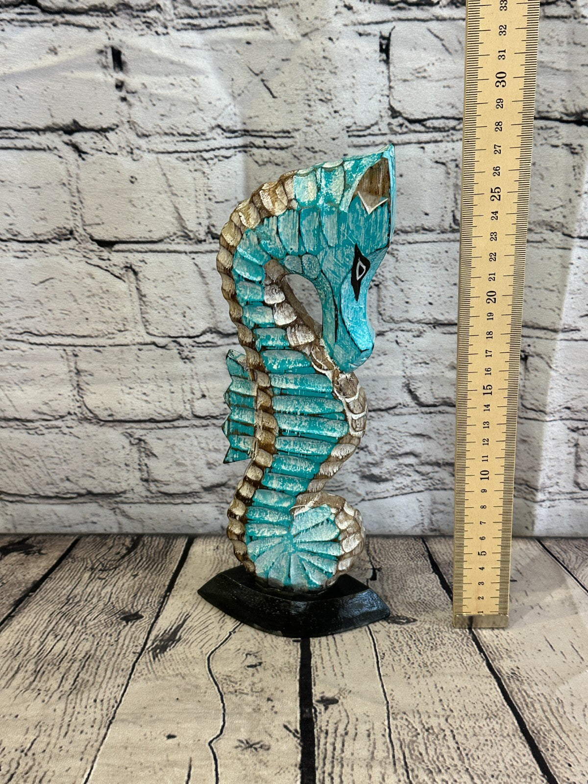 30cm Green Brown Wooden Shabby Seahorse Statue Ornament Fair Trade Handcarved