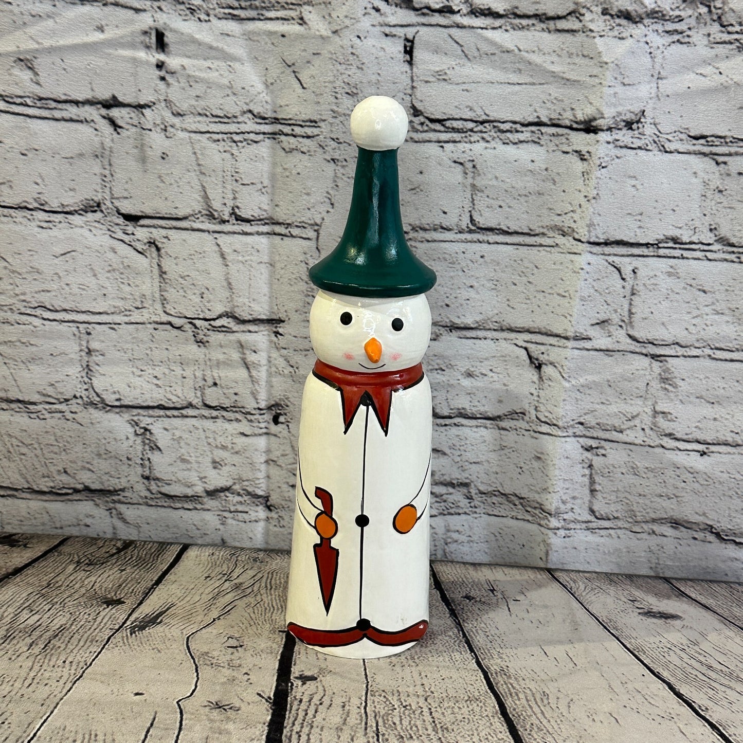 28cm x 8cm Green Pointy Hat Snowman Handcrafted Wood Xmas Christmas Ornament
