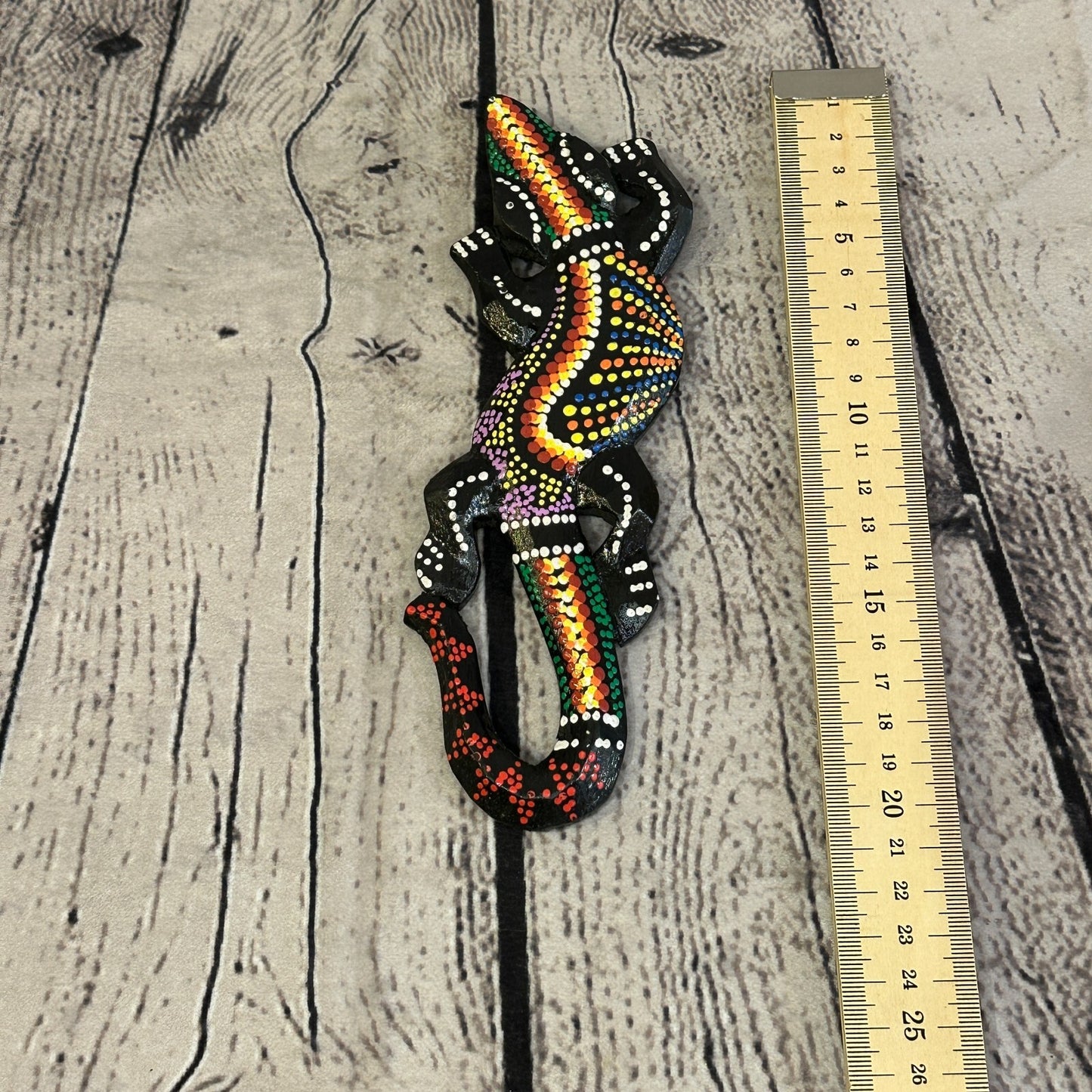20cm Gecko Carved Wooden Dot Painted Ethnic Tribal Tiki Wall Handmade No 8
