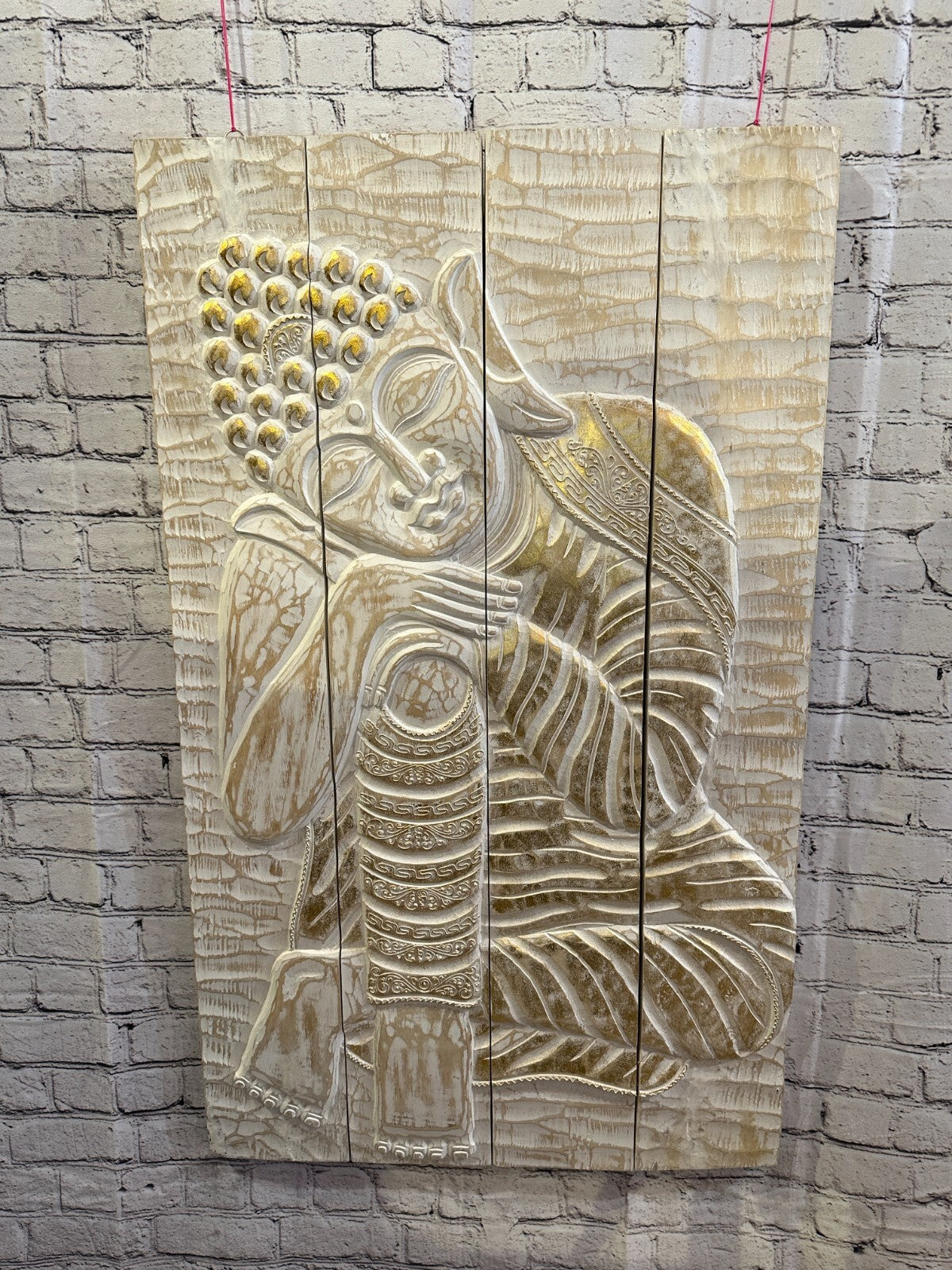 100cm x 60cm Buddha White Gold Wooden Wood Panel Wall Art Plaque Handcarved