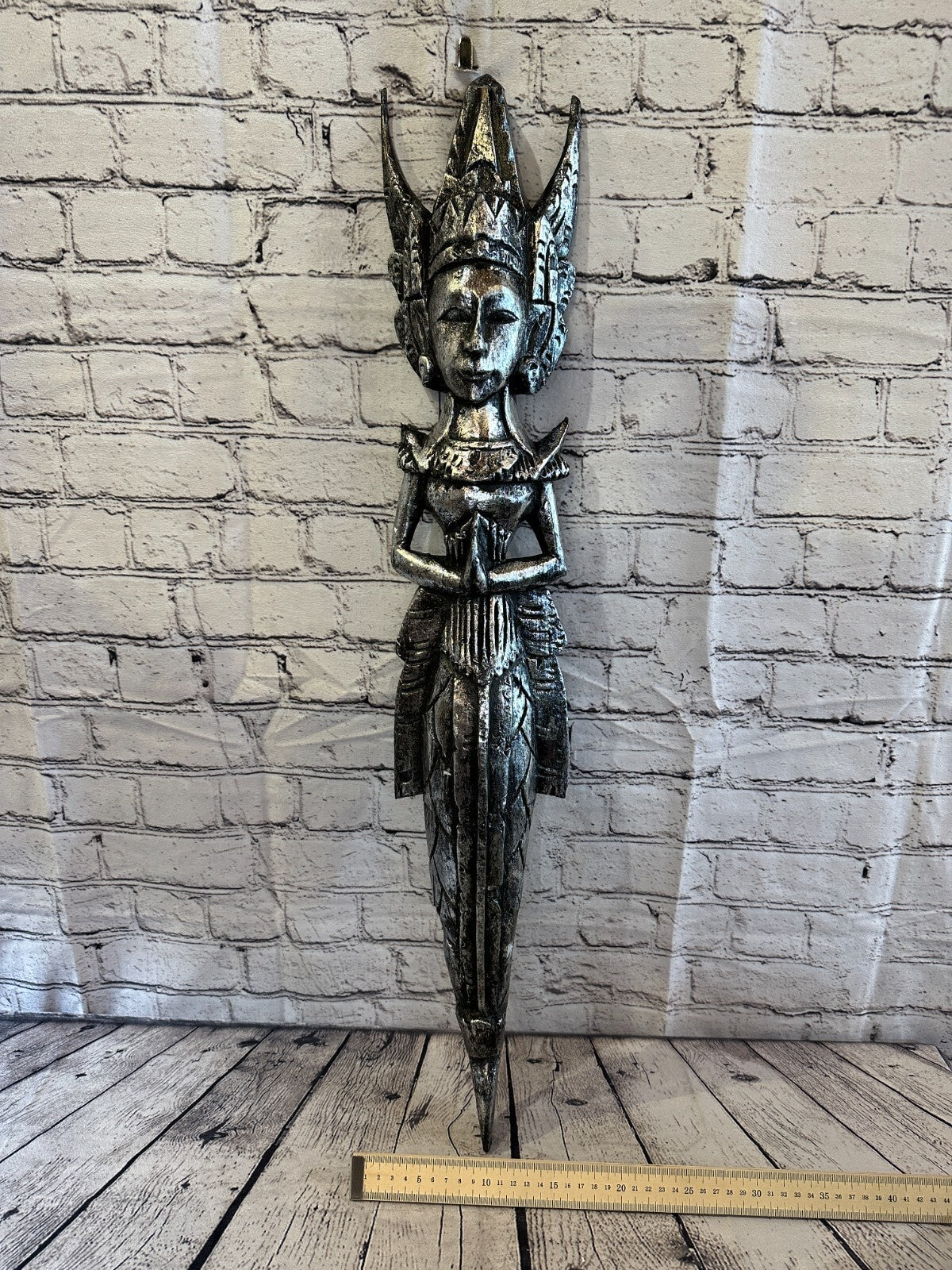 Silver Antique Colour Sita Dewi Bali Rice Goddess Wings Mermaid Wood 80cm Pair