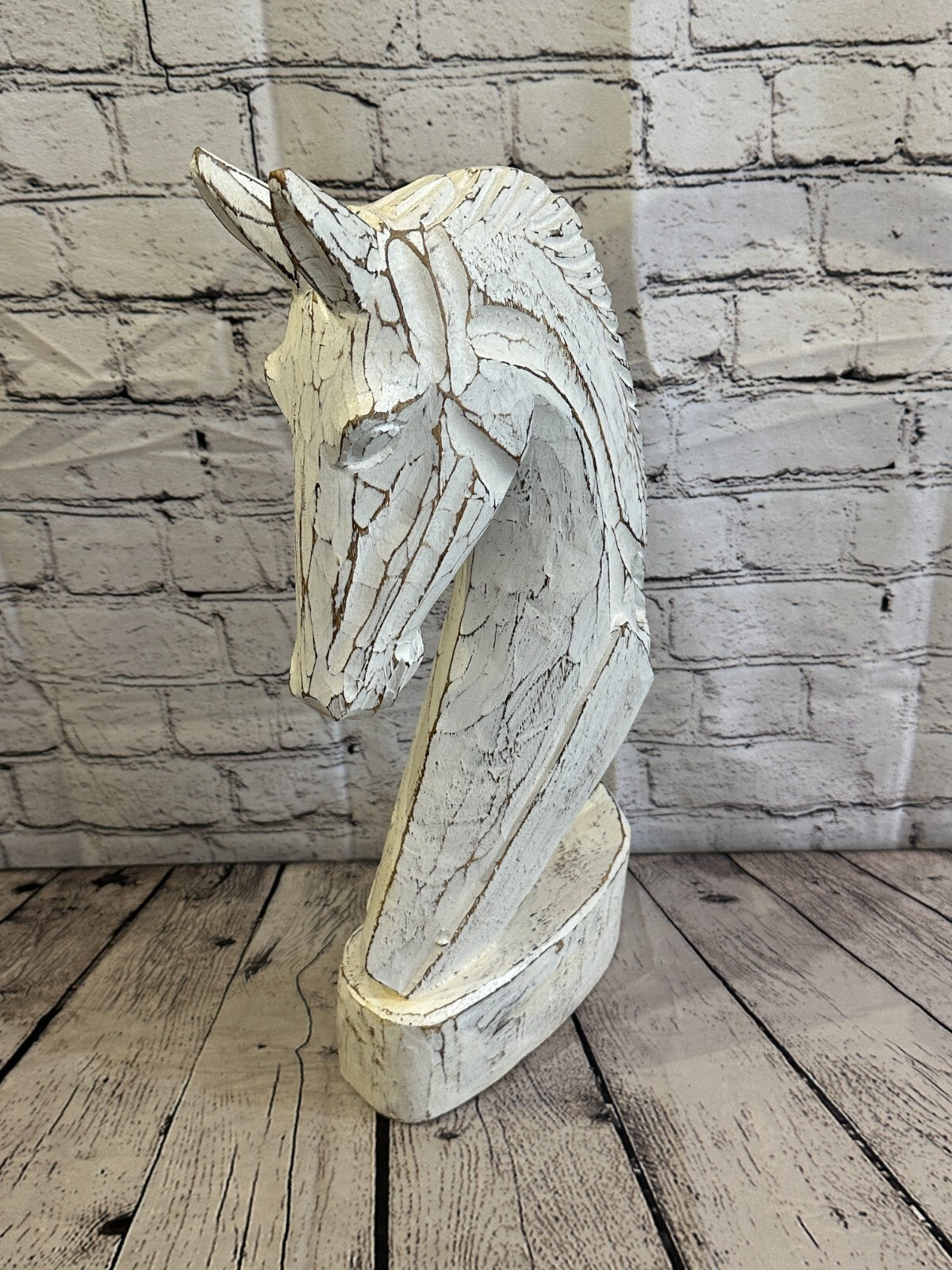 White Wooden 50cm x 25cm Horse Head Bust Hand Carved Wood Sculpture