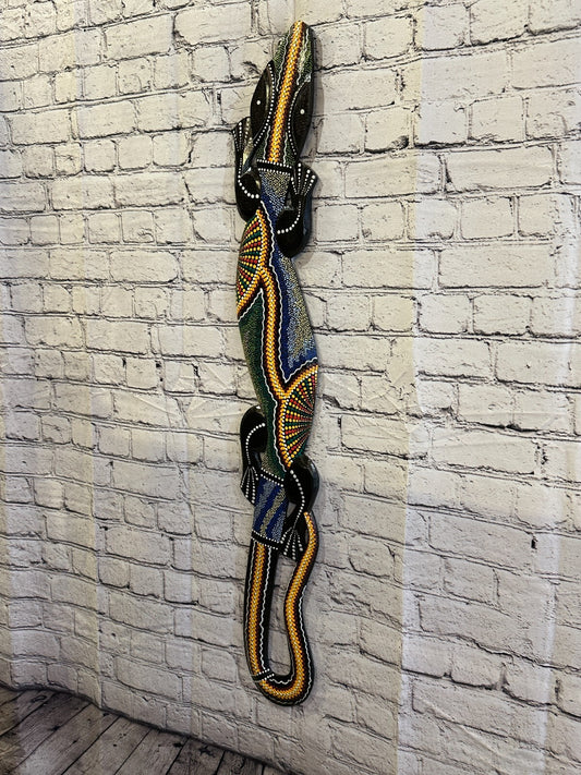 100cm Gecko Carved Wooden Dot Painted Ethnic Tribal Tiki Wall Handmade No 2