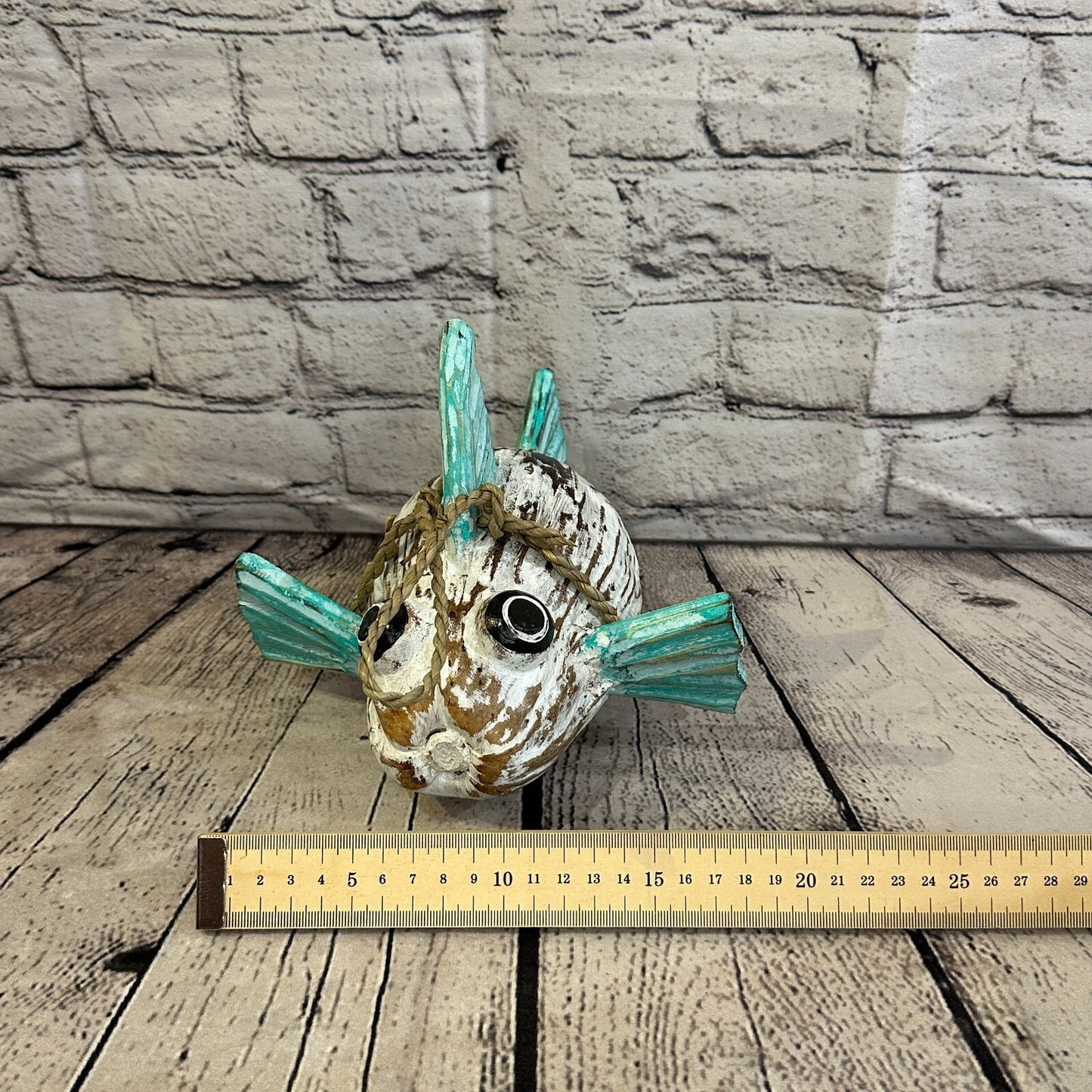 Green White Folk Art Hand Painted Puffer Fish Coconut Shell Ornaments Hanging