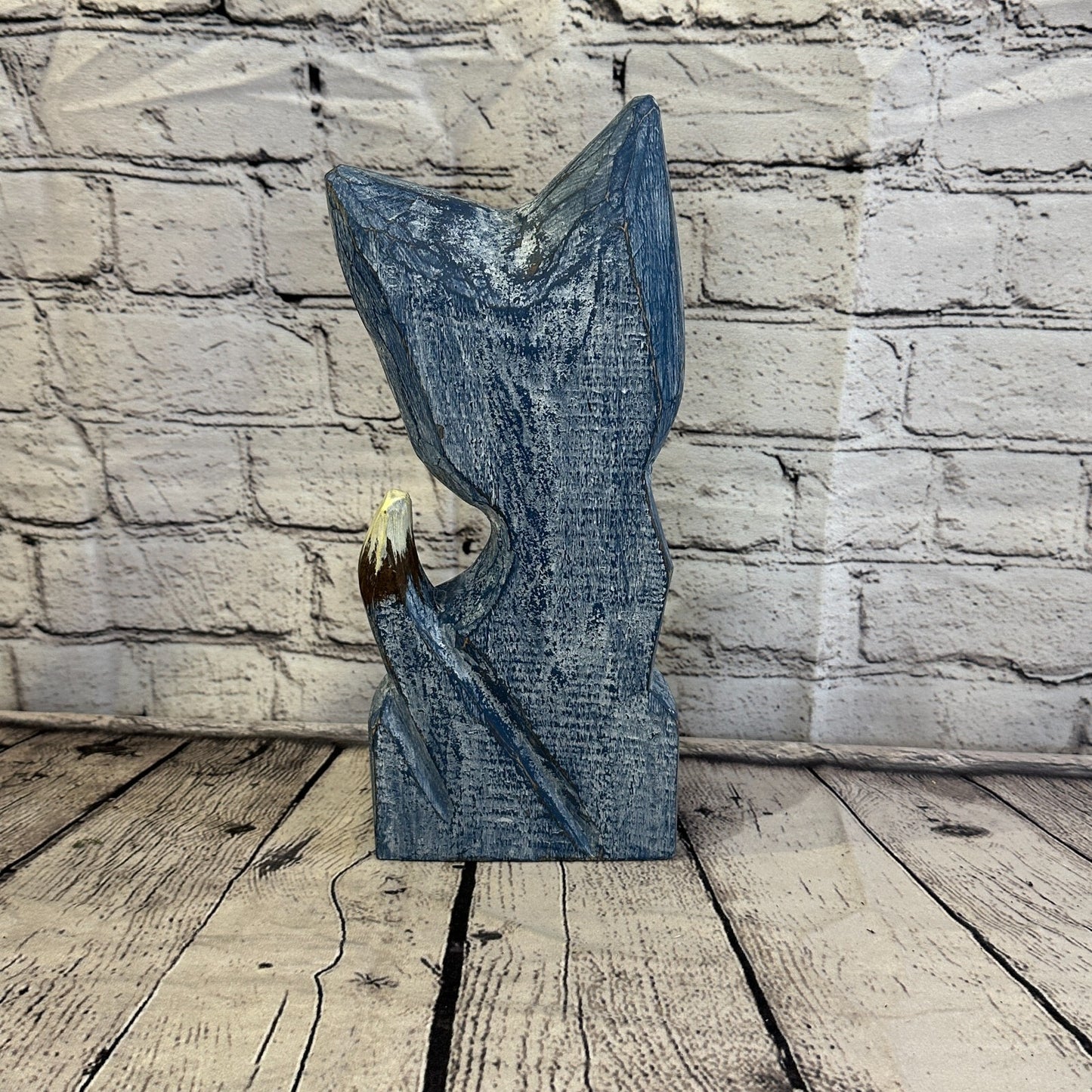 30cm x 12cm Blue Flower Wooden Shabby Cat Statue Ornament Fair Trade Handcarved
