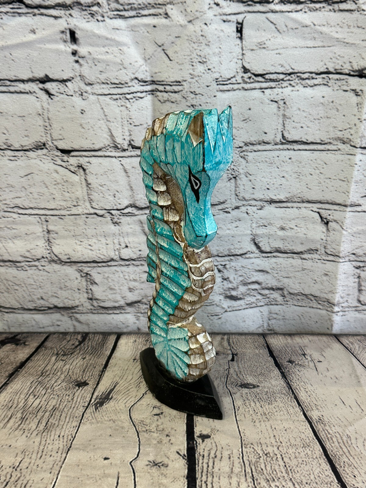 30cm Green Brown Wooden Shabby Seahorse Statue Ornament Fair Trade Handcarved
