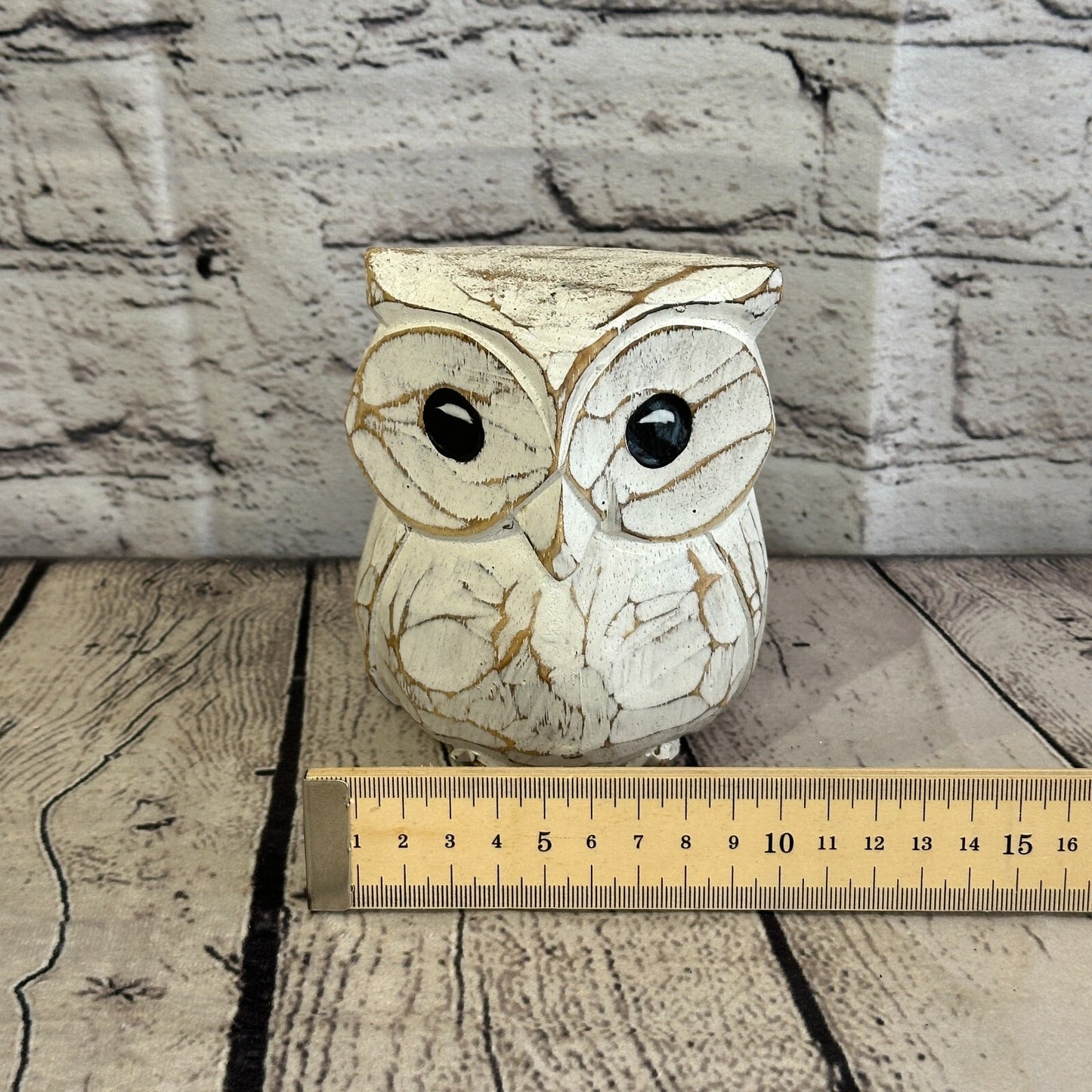 12cm x 10cm White Flower Wooden Shabby Owl Statue Ornament Fair Trade Handcarved