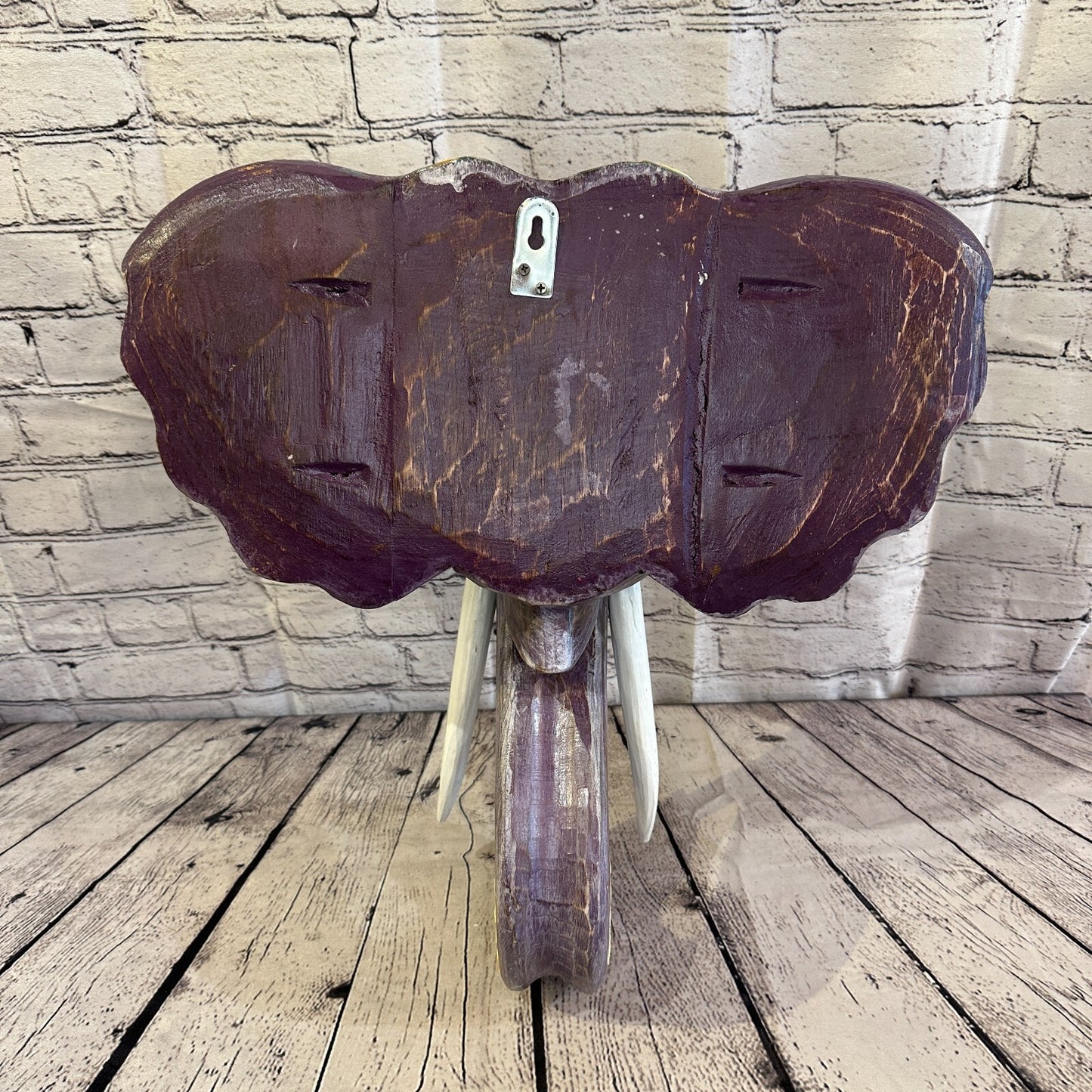 50cm x 45cm Purple Flower Painted Wood Elephant Head Wall Mounted Art Shabby
