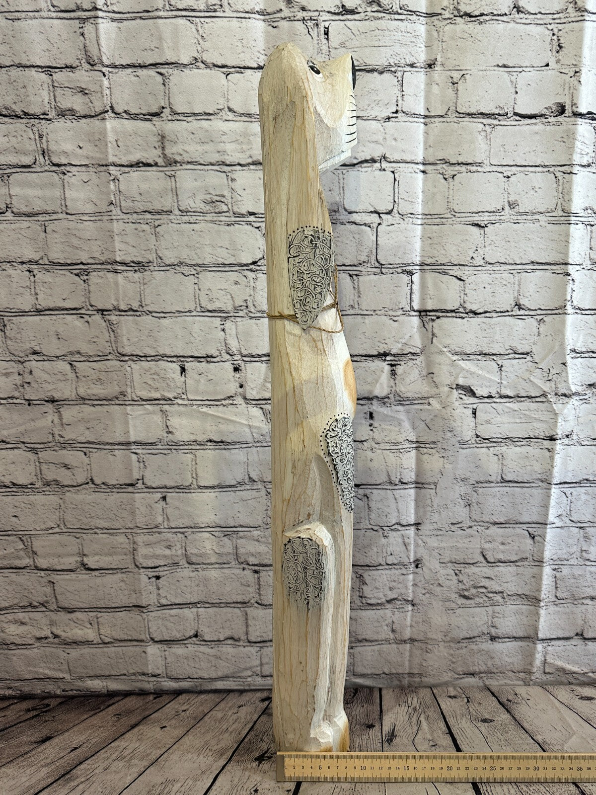 80cm White Flower Wooden Shabby Dog Statue Ornament Fair Trade Handcarved