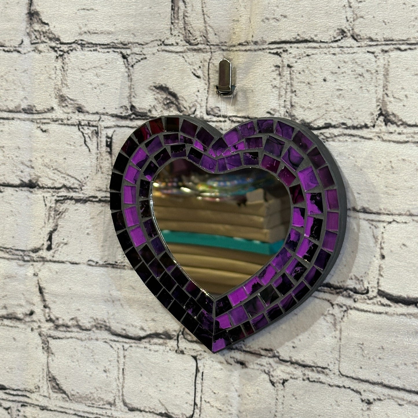 Purple Heart Shape Mosaic Tile Wall Mirror 20cm x 15cm 8 Inches Handmade New