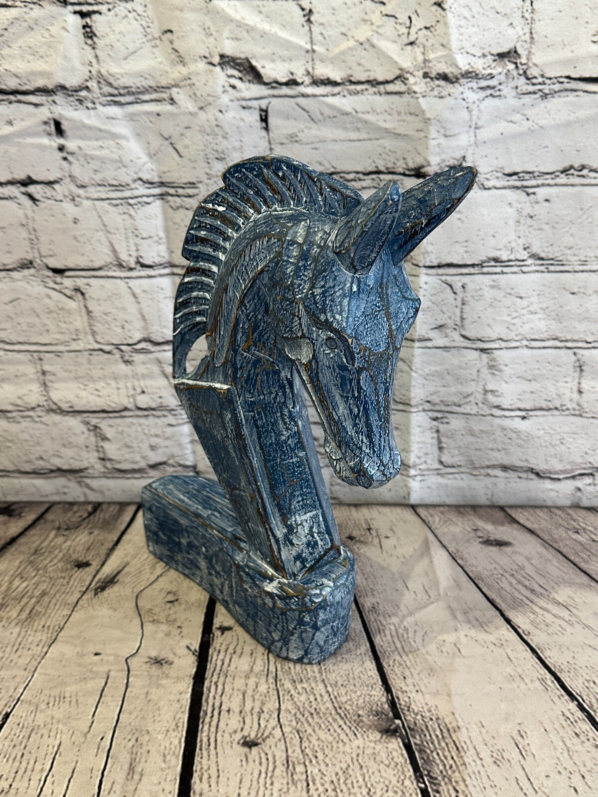 Blue Wooden 30cm x 18cm Horse Head Bust Hand Carved Wood Sculpture