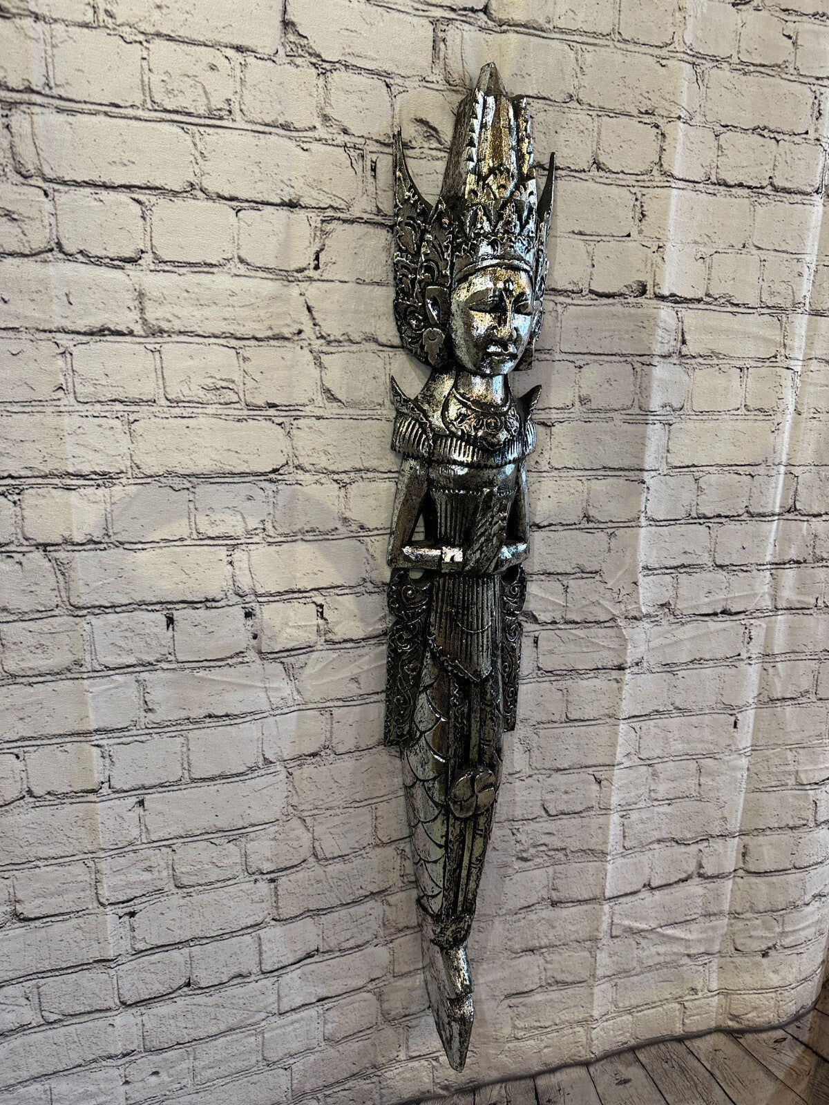 Silver Antique Colour Sita Dewi Bali Rice Goddess Wings Mermaid Wood 100cm Pair
