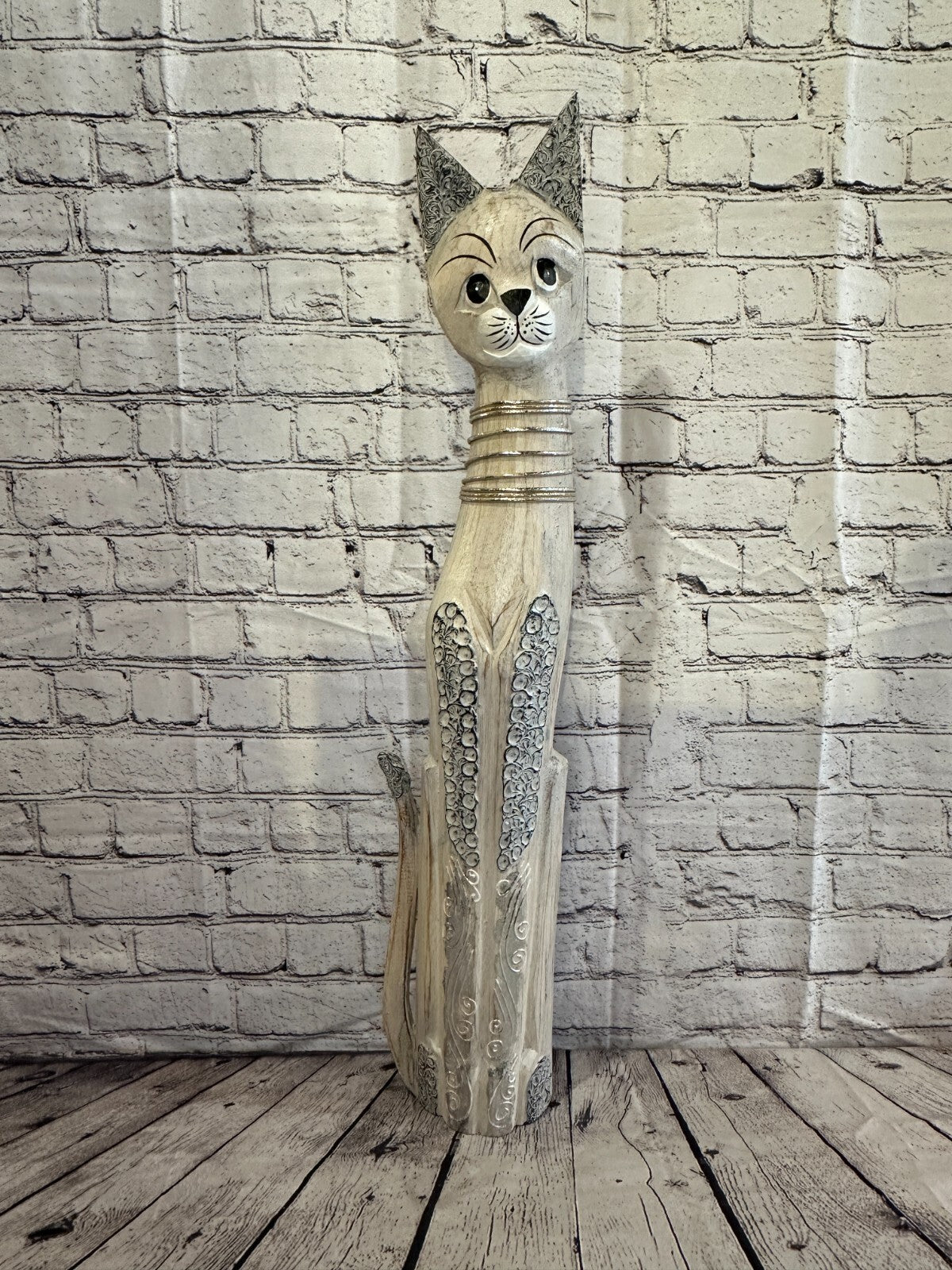80cm White Swirl Flower Wooden Shabby Cat Statue Ornament Fair Trade Handcarved
