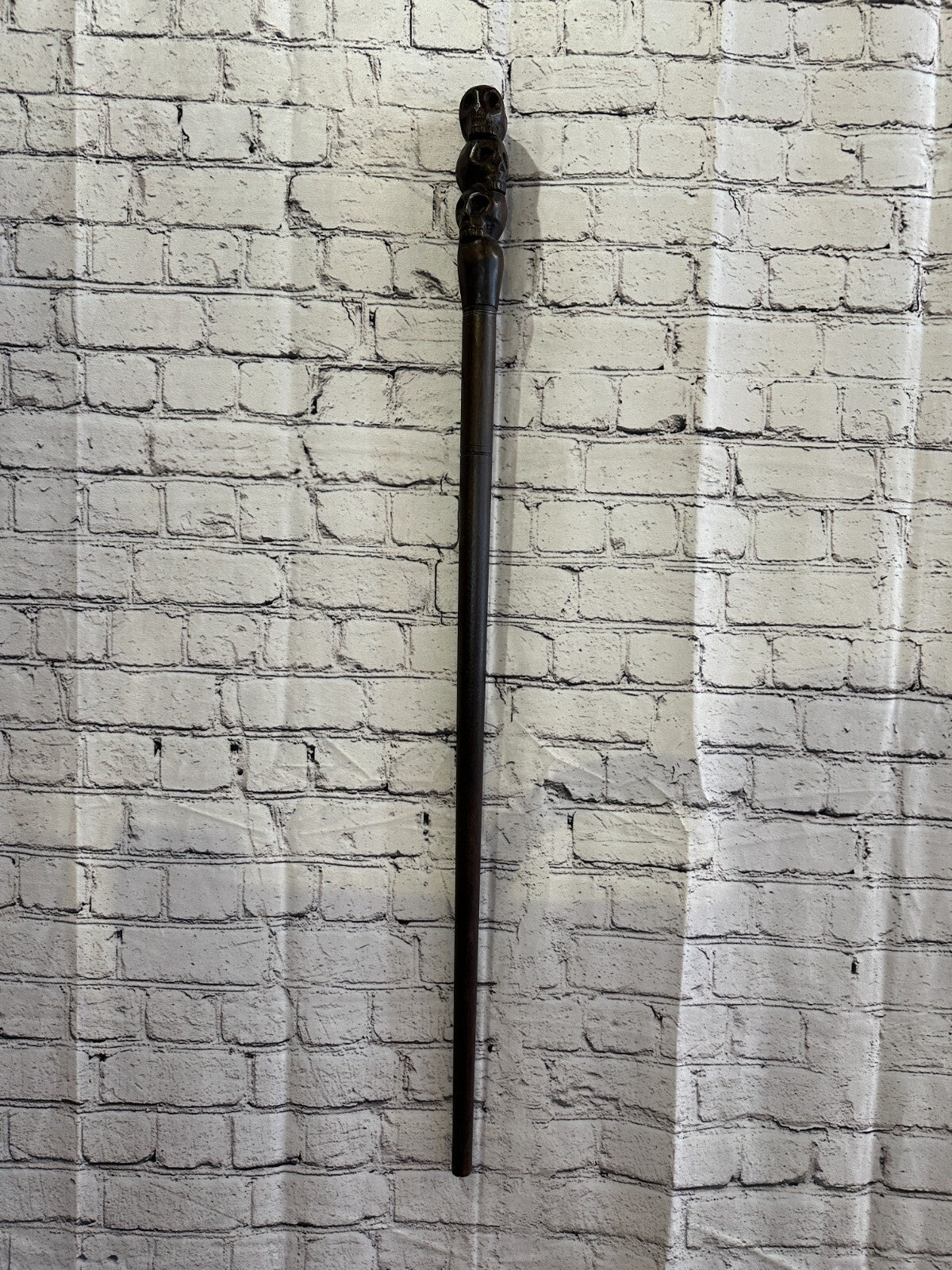 Pillar Three Skulls 90cm Tribal African Walking Stick Cane Hand Carved Dark Wood