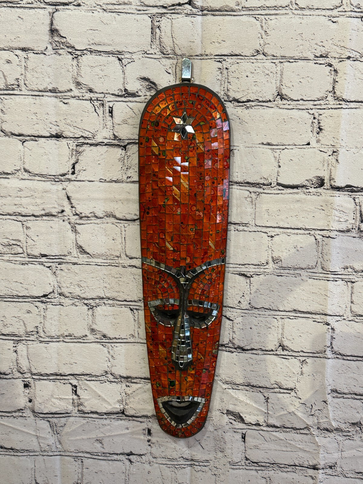 50cm Orange Mosaic Mirror Mask Carved Painted Ethnic Tribal Wall Art Handmade