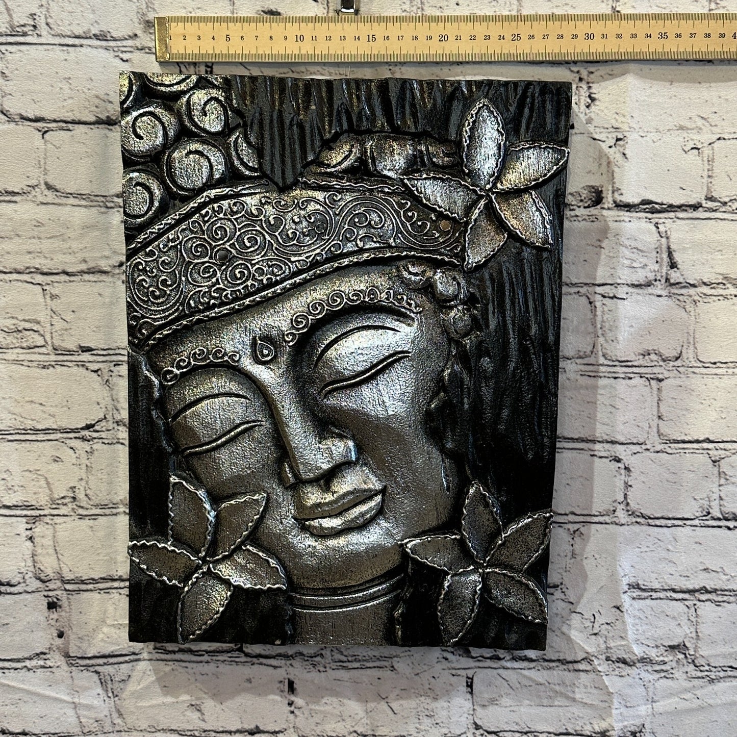 Wooden Wood Panel 40cm Brown Silver Buddha Hibiscus Wall Art Plaque Handcarved