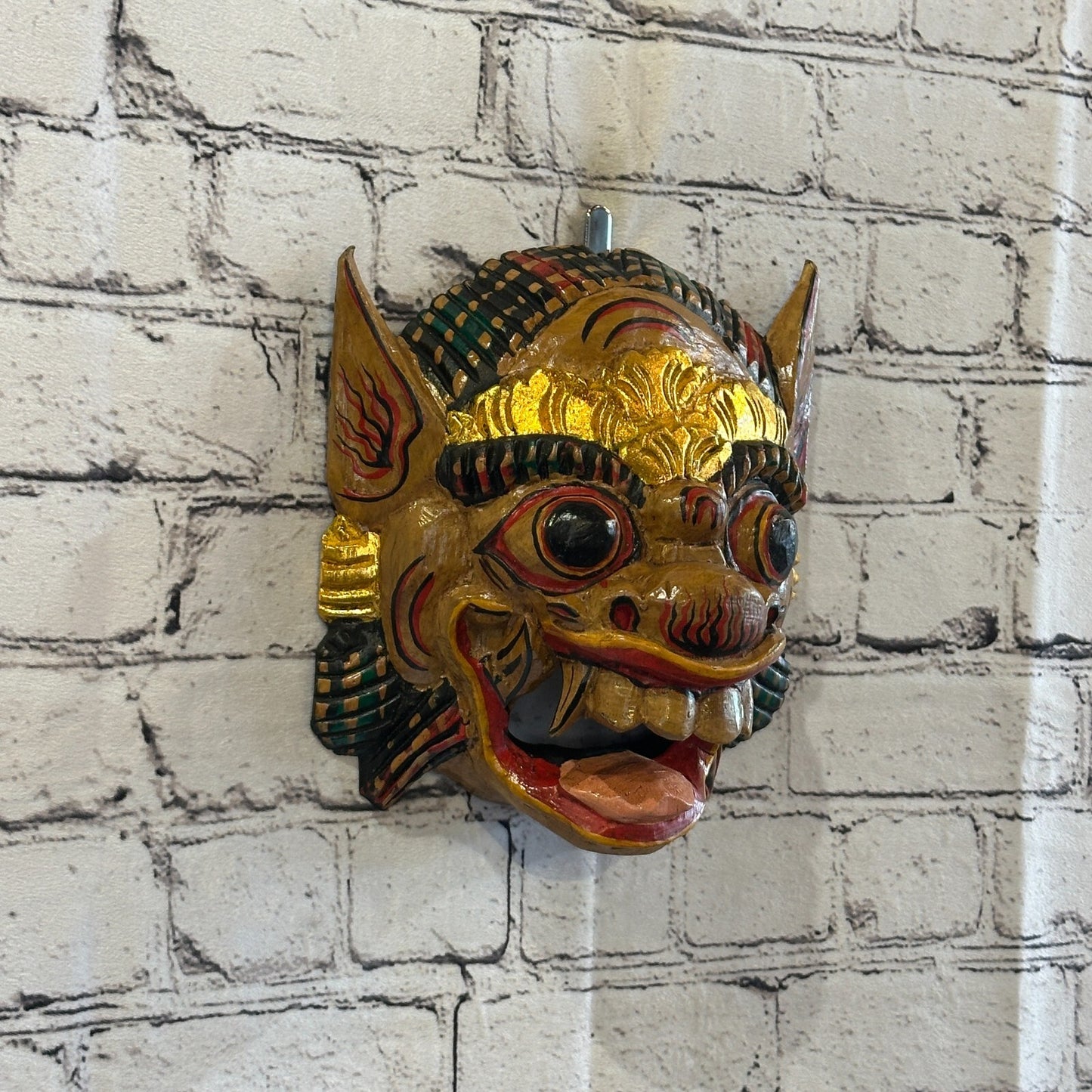 Large Wooden Natural Barong Wall Mask 18cm x 18cm Handmade And Fairtrade Hindu