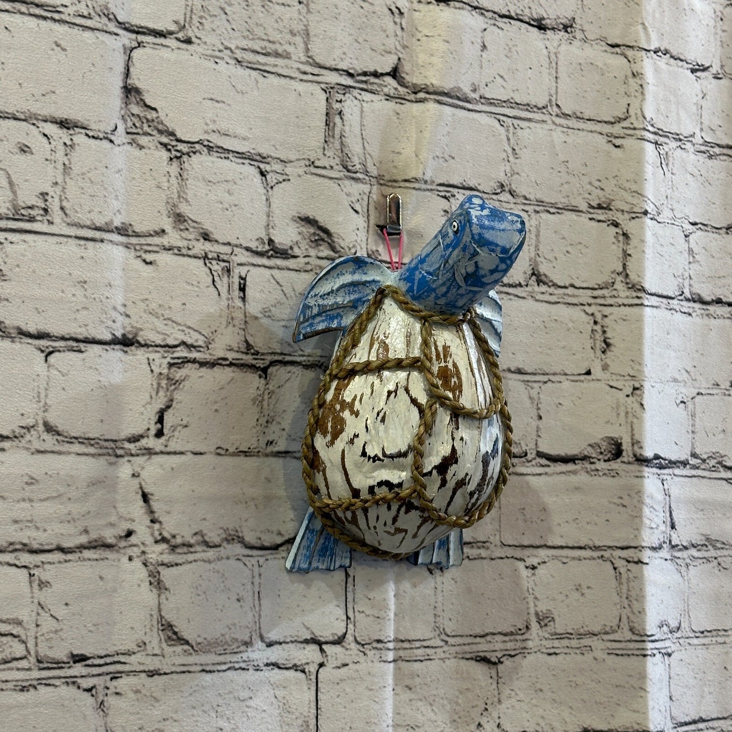 Blue White Folk Art Hand Painted Turtle Coconut Shell Ornaments Hanging Decor