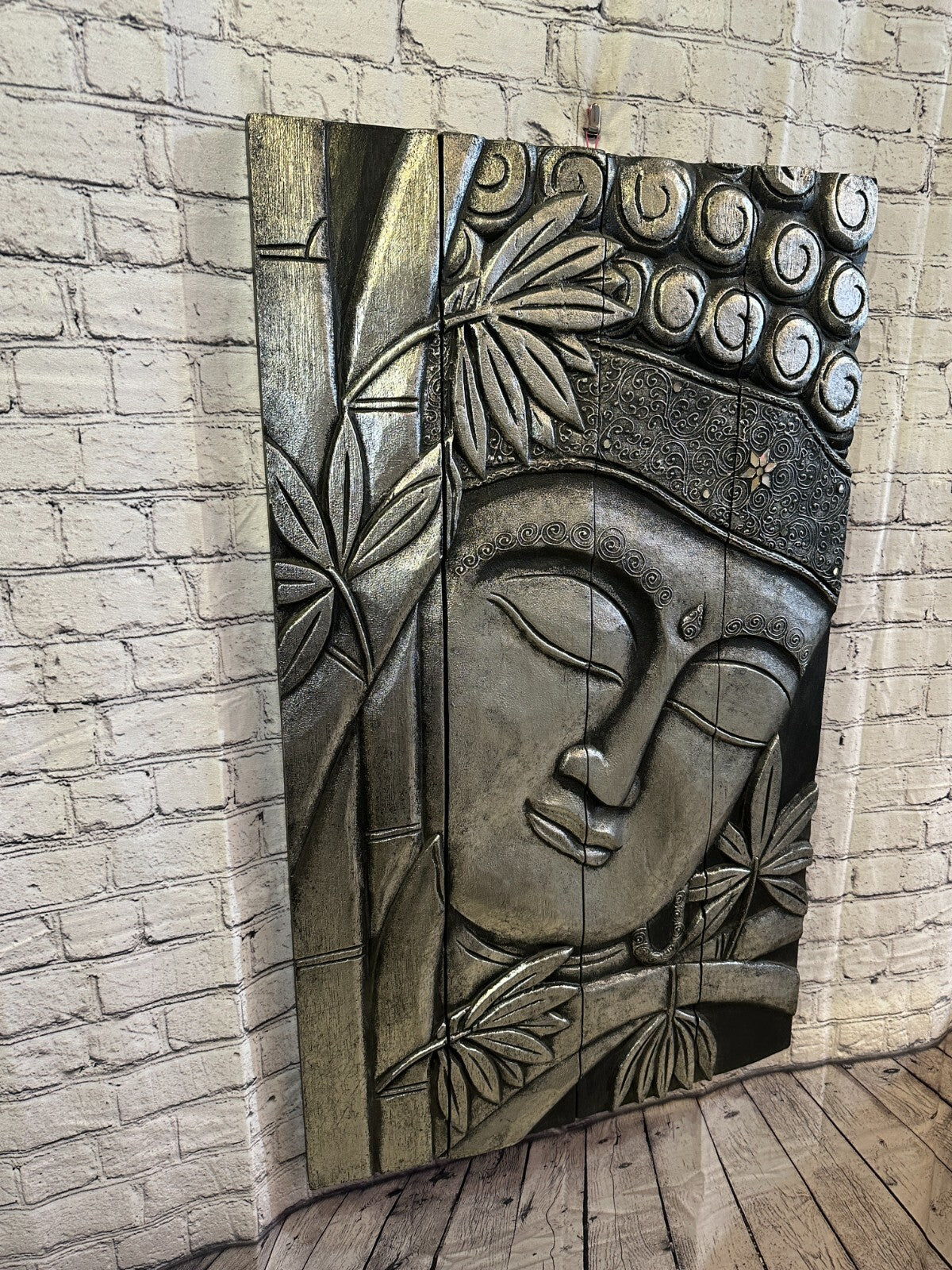 100cm x 60cm Buddha Silver Panel Wooden Wood Panel Wall Art Plaque Handcarved