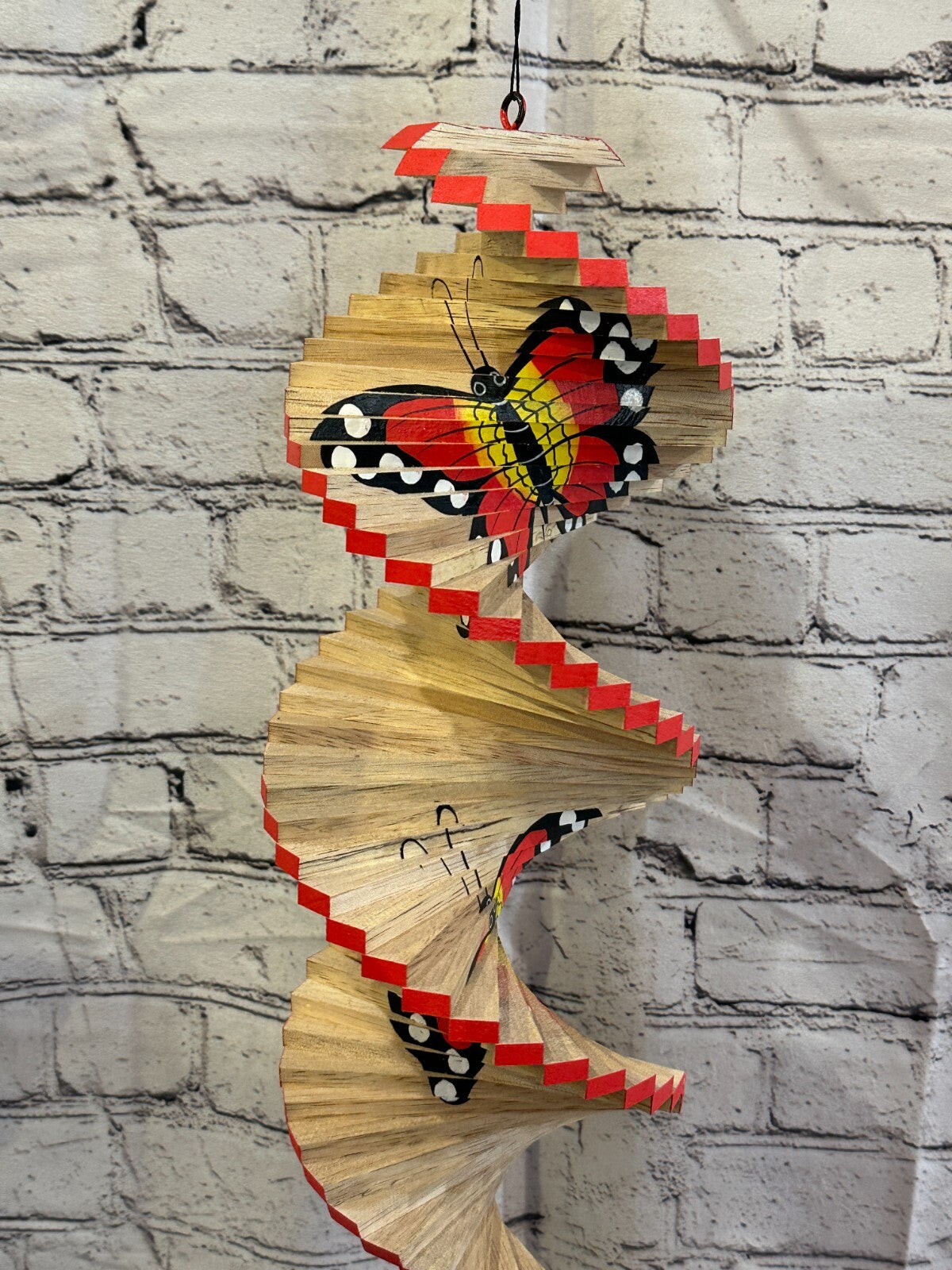 40cm Red Butterfly Pattern Wind Spinner Wooden Spiral Mobile Garden Ornament