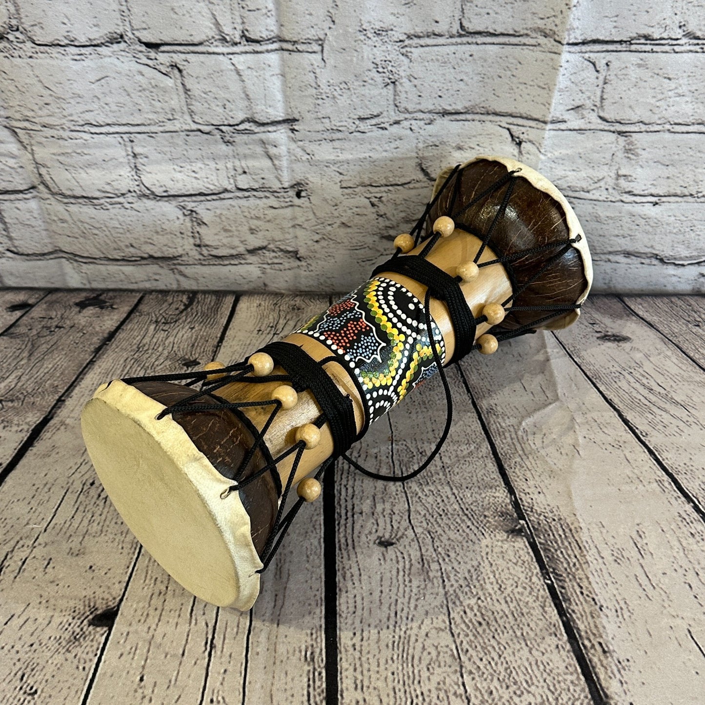32cm Two Ended Wooden Djembe Bongo Painted African Influenced Drum High Handmade