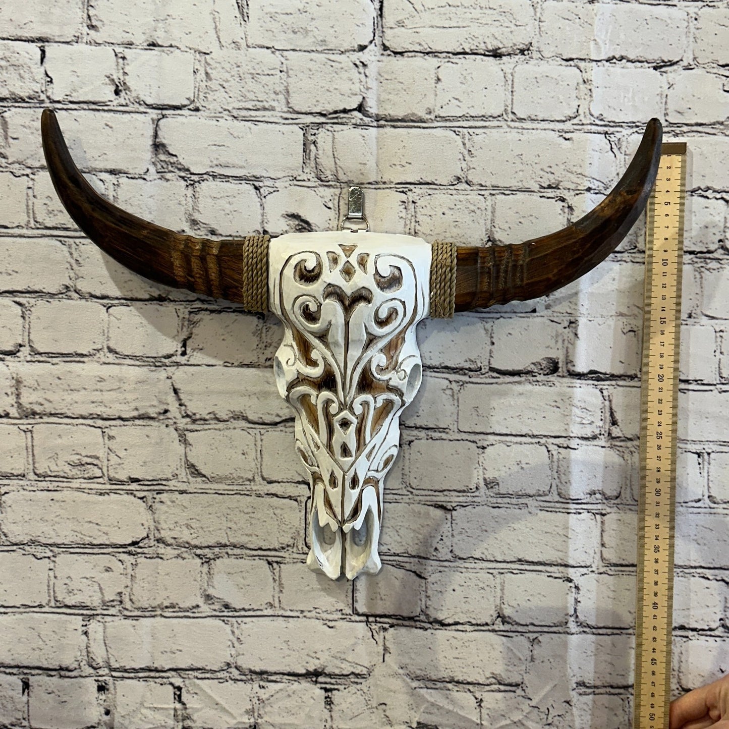50cm x 40cm White Carved Wood Cow Bison Skull Head Wall Mounted Art Large Shabby