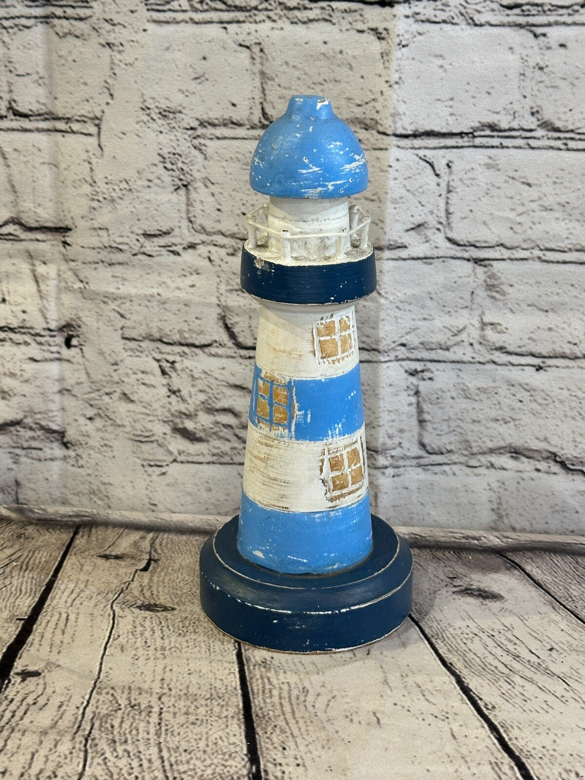 25cm Blue White Wooden Lighthouse Ornament Nautical Coastal Sculpture Statue